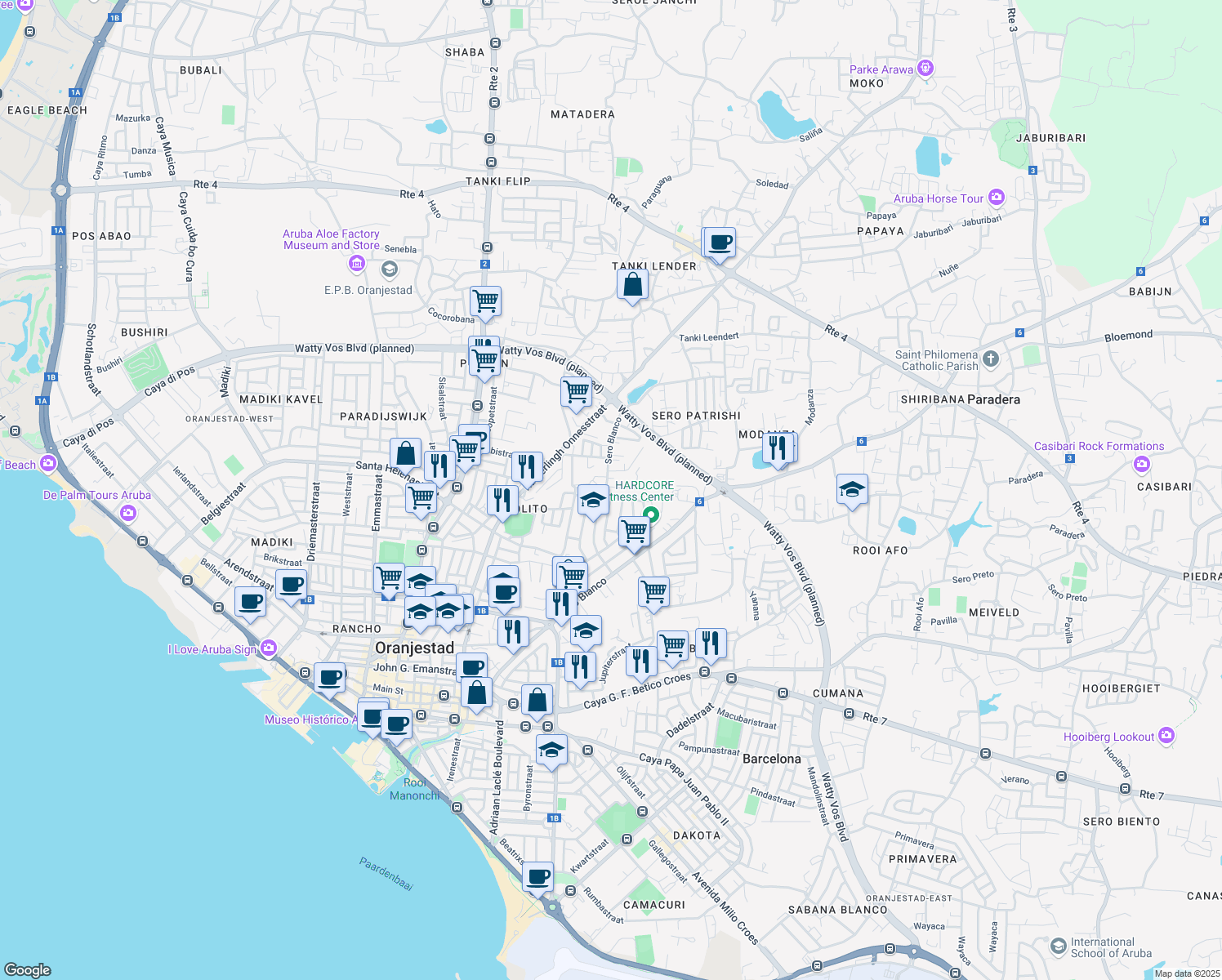 map of restaurants, bars, coffee shops, grocery stores, and more near in Oranjestad