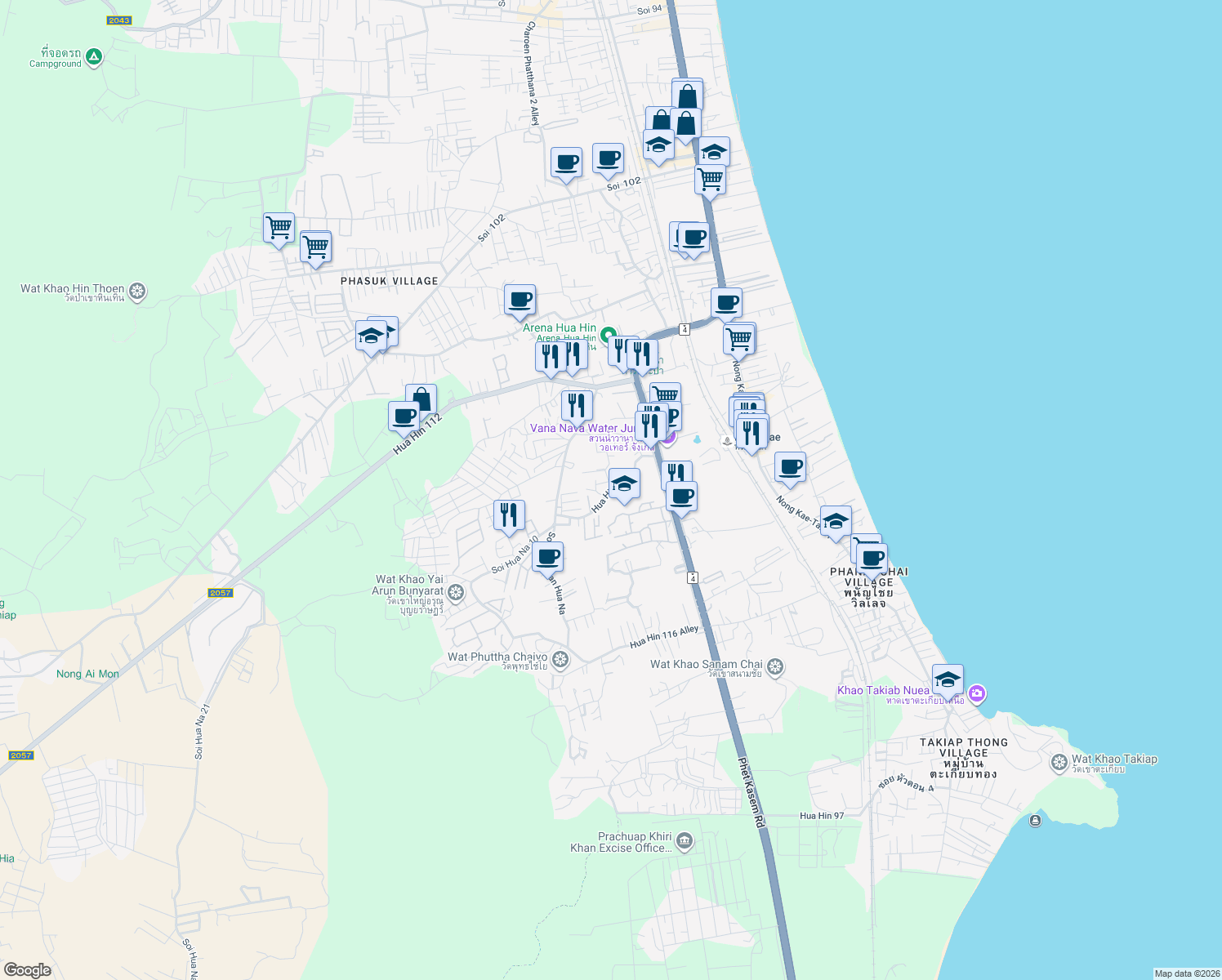map of restaurants, bars, coffee shops, grocery stores, and more near Hua Hin 114 in Tambon Nong Kae