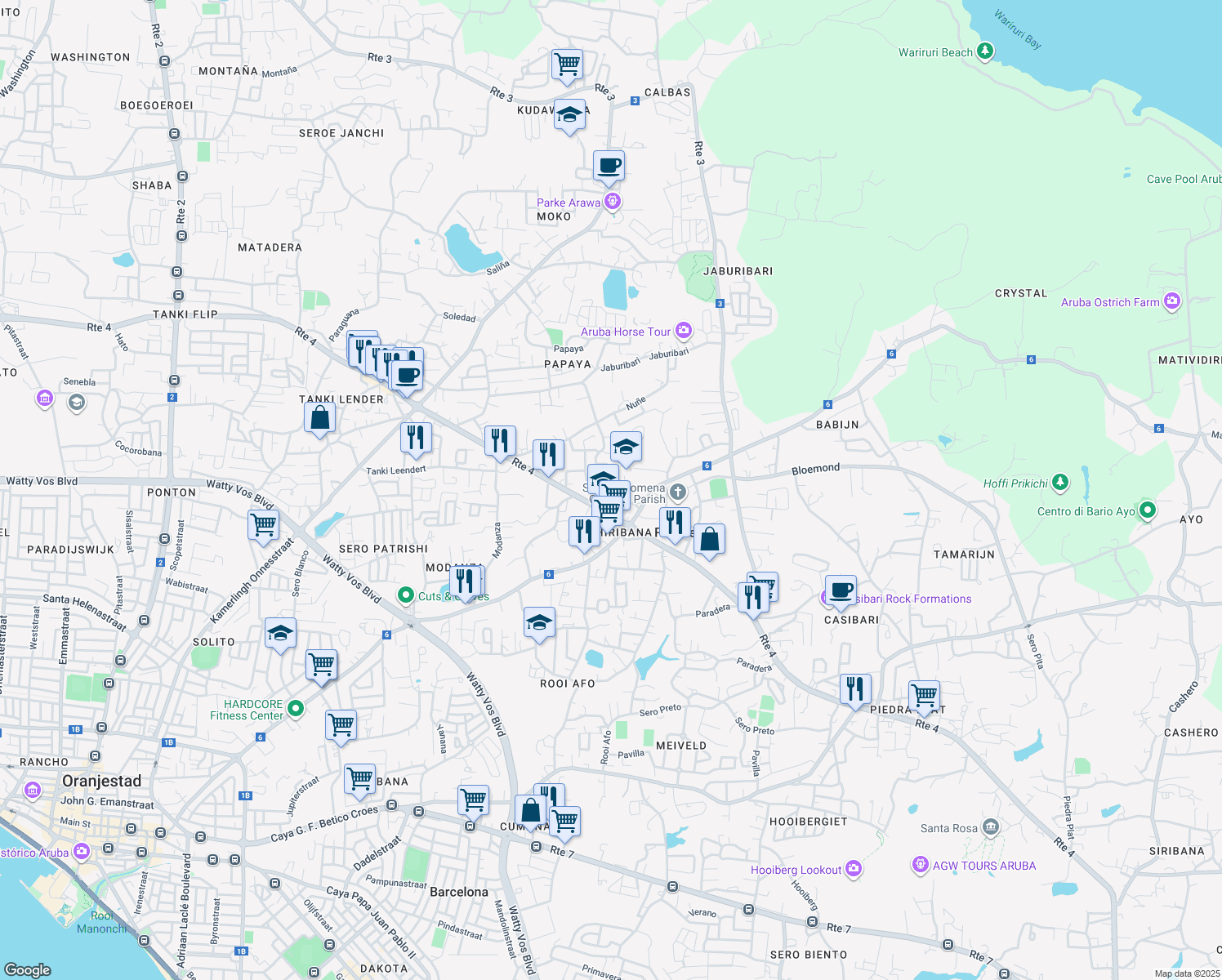 map of restaurants, bars, coffee shops, grocery stores, and more near in Oranjestad