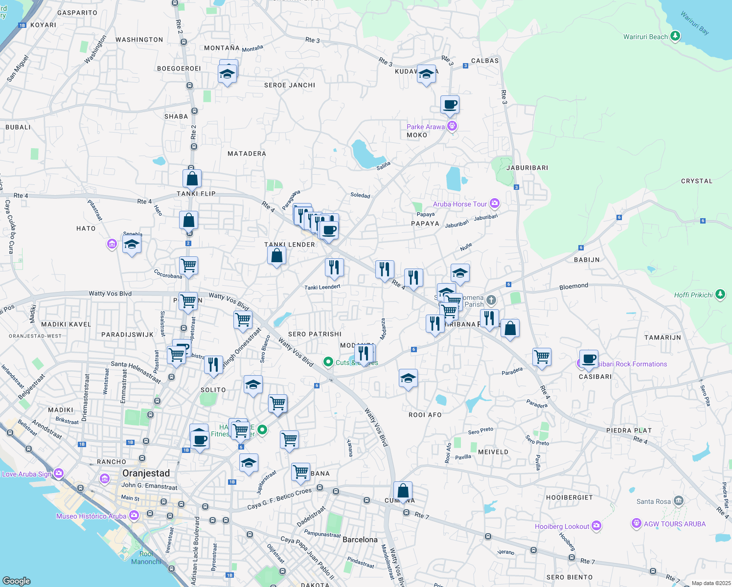 map of restaurants, bars, coffee shops, grocery stores, and more near in Oranjestad