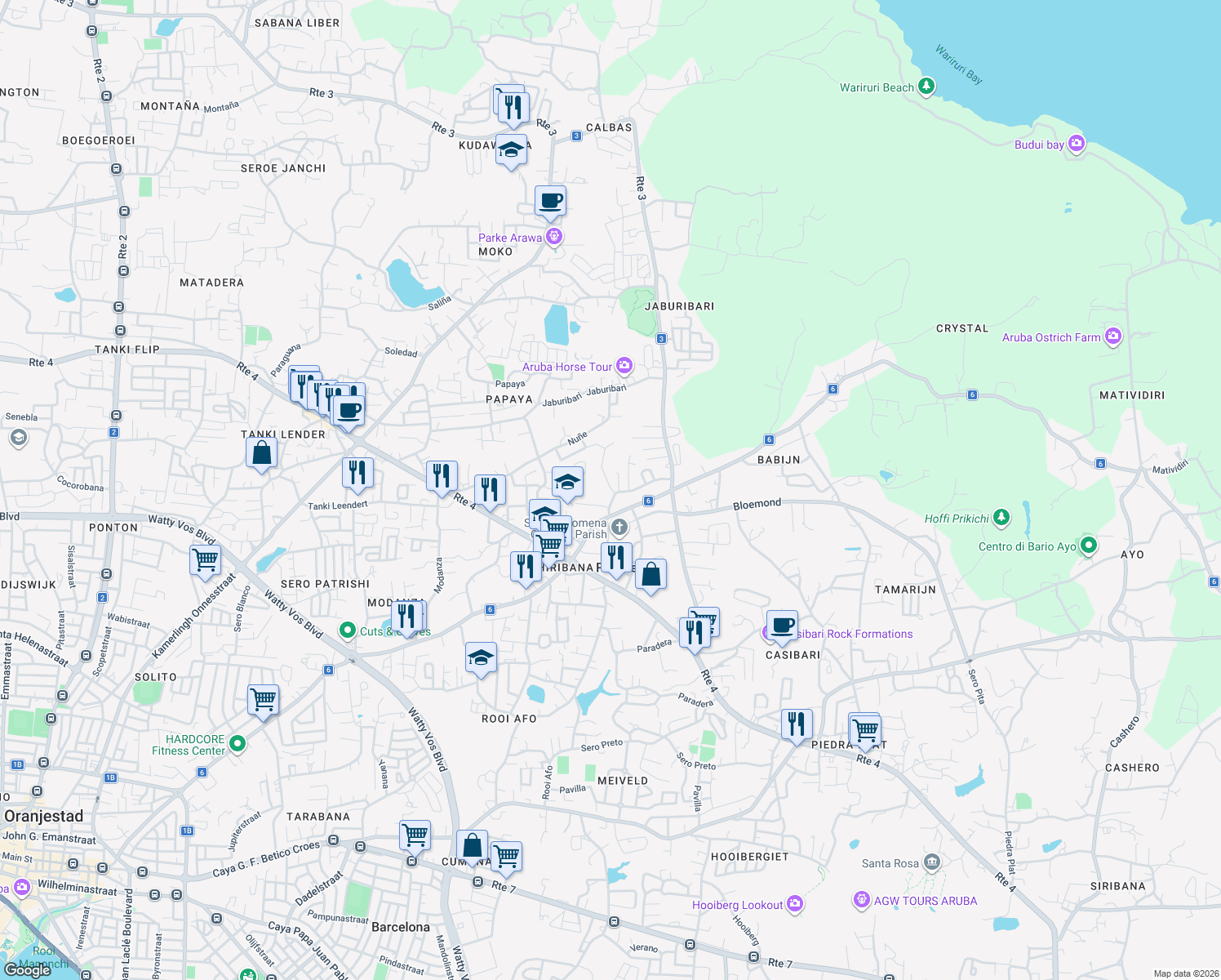 map of restaurants, bars, coffee shops, grocery stores, and more near in Paradera