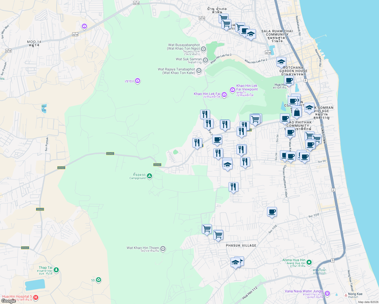 map of restaurants, bars, coffee shops, grocery stores, and more near 42 ซอยหัวหิน 88 in Hin Lek Fai