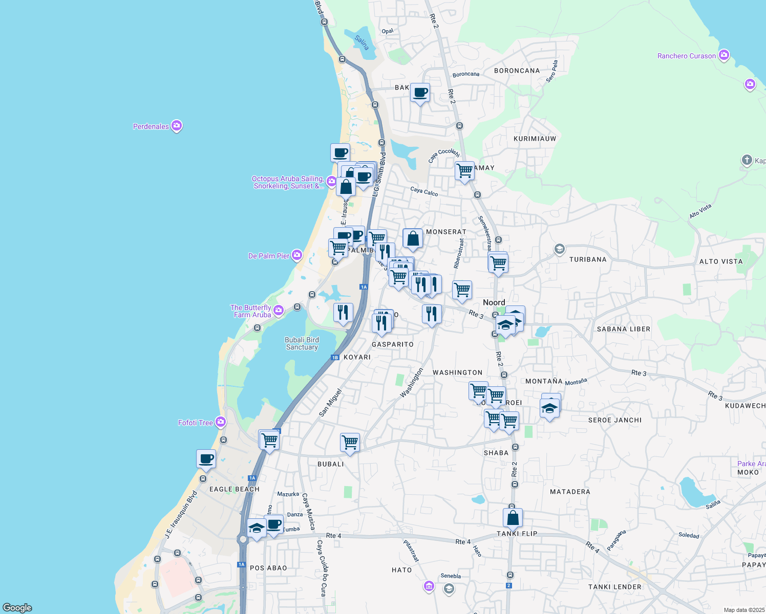 map of restaurants, bars, coffee shops, grocery stores, and more near in Noord