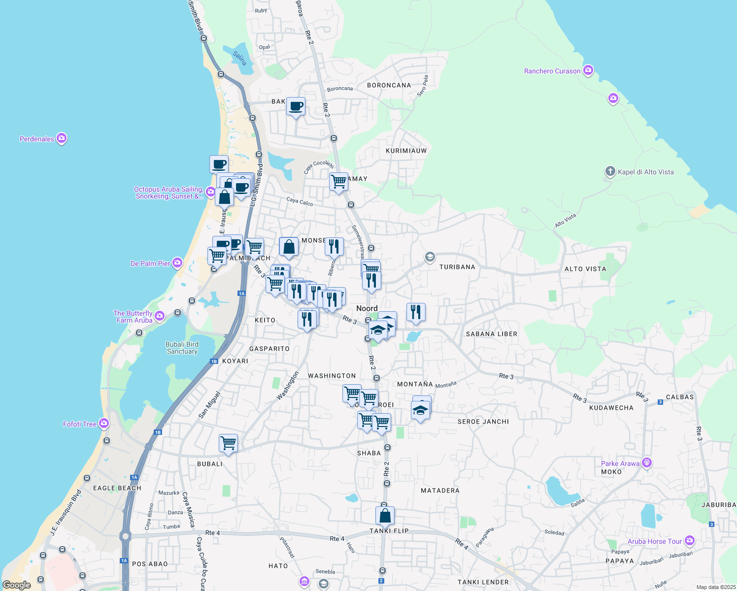 map of restaurants, bars, coffee shops, grocery stores, and more near in Noord