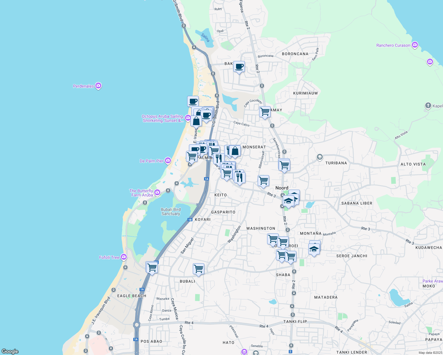 map of restaurants, bars, coffee shops, grocery stores, and more near in Noord