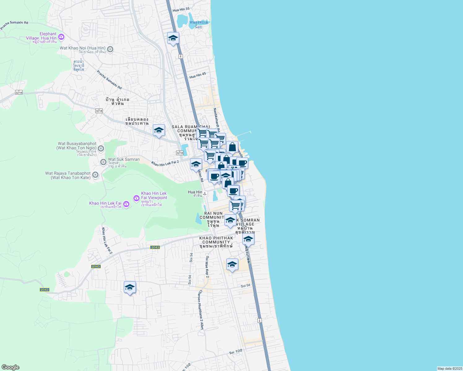 map of restaurants, bars, coffee shops, grocery stores, and more near Damnoen Kasam Alley in Hua Hin