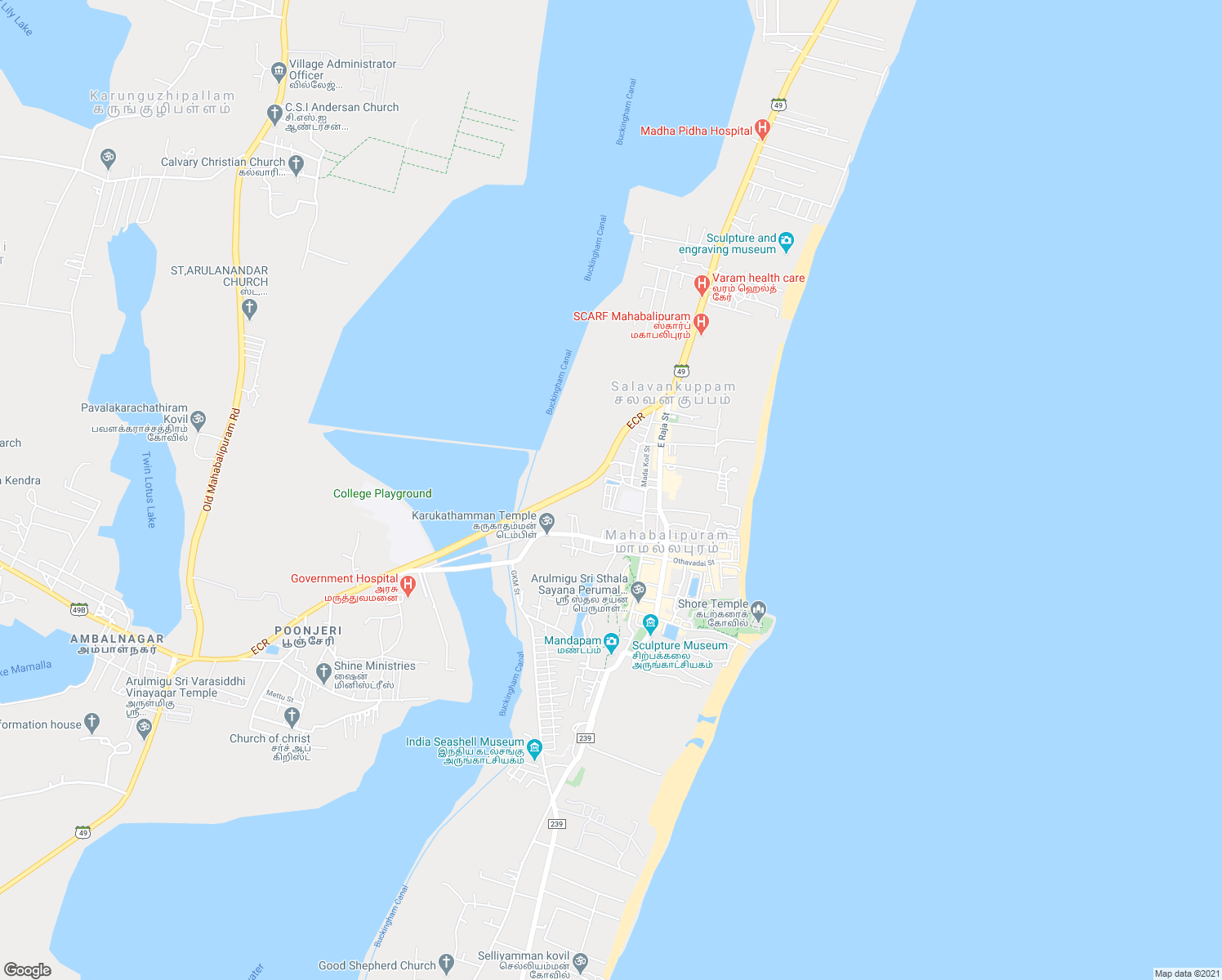 map of restaurants, bars, coffee shops, grocery stores, and more near Mamallapuram Road in Mahabalipuram