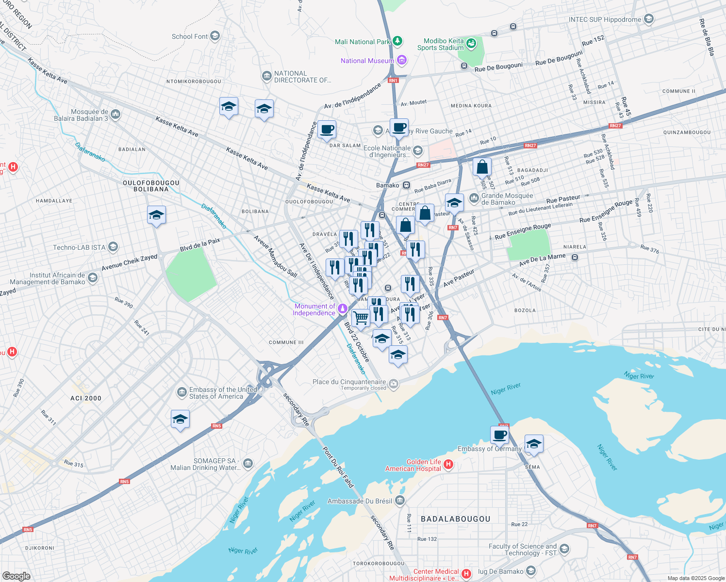 map of restaurants, bars, coffee shops, grocery stores, and more near in Bamako