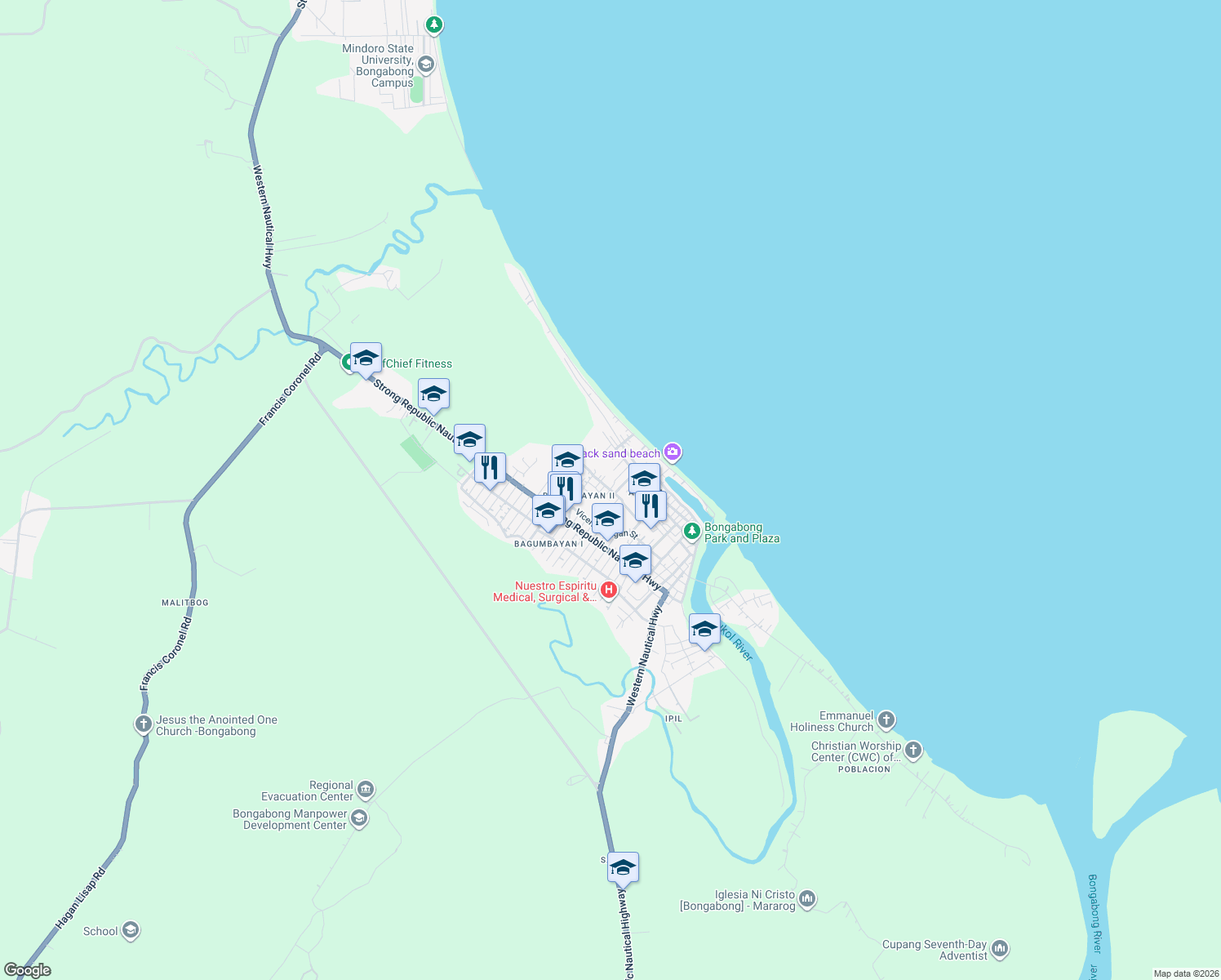 map of restaurants, bars, coffee shops, grocery stores, and more near Facoma Street in Bongabong