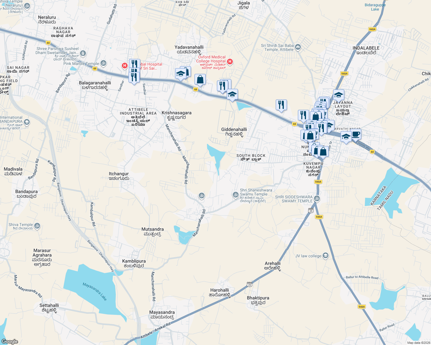 map of restaurants, bars, coffee shops, grocery stores, and more near in Anekal