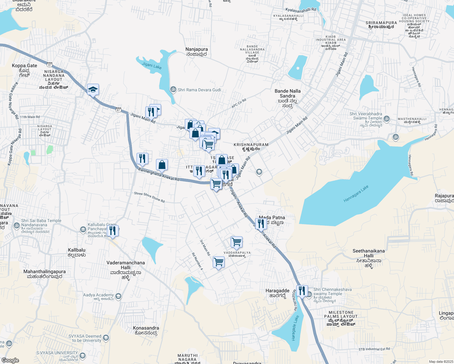 map of restaurants, bars, coffee shops, grocery stores, and more near in Jigani