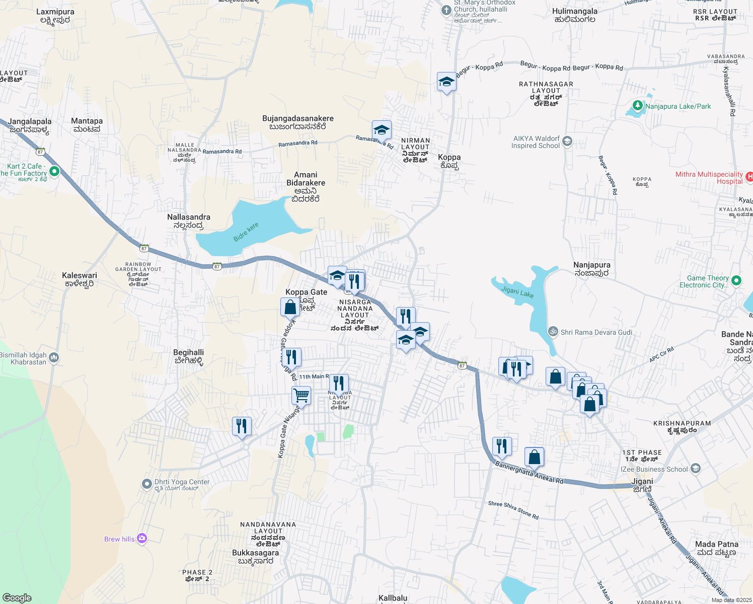 map of restaurants, bars, coffee shops, grocery stores, and more near Bannerghatta Road in Bangalore Division