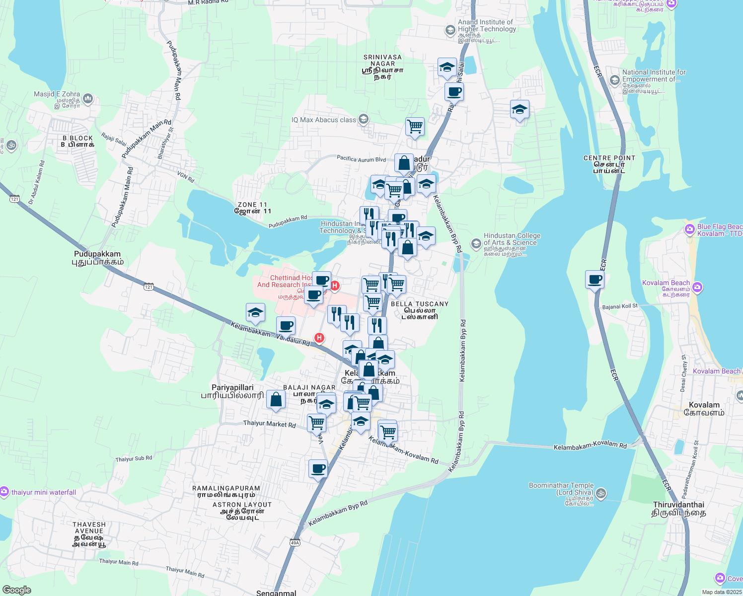 map of restaurants, bars, coffee shops, grocery stores, and more near Old Mahabalipuram Road in Chennai