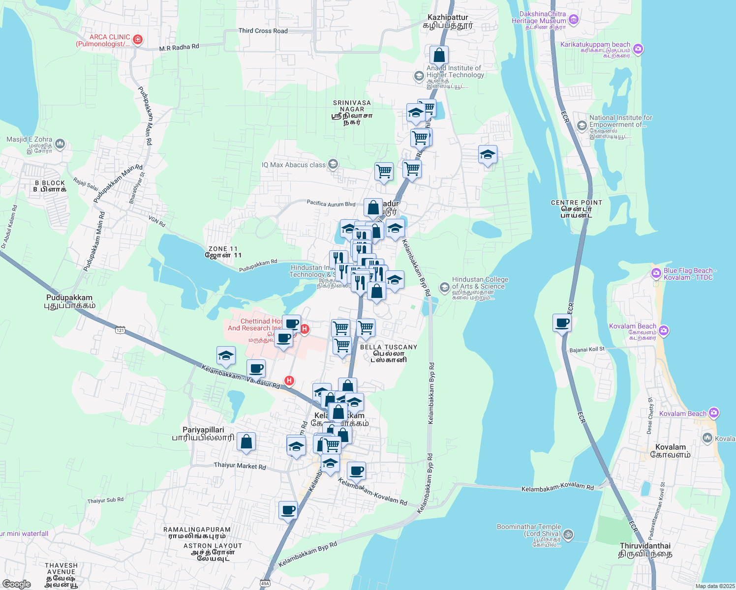 map of restaurants, bars, coffee shops, grocery stores, and more near Hindustan University Lane in Padur