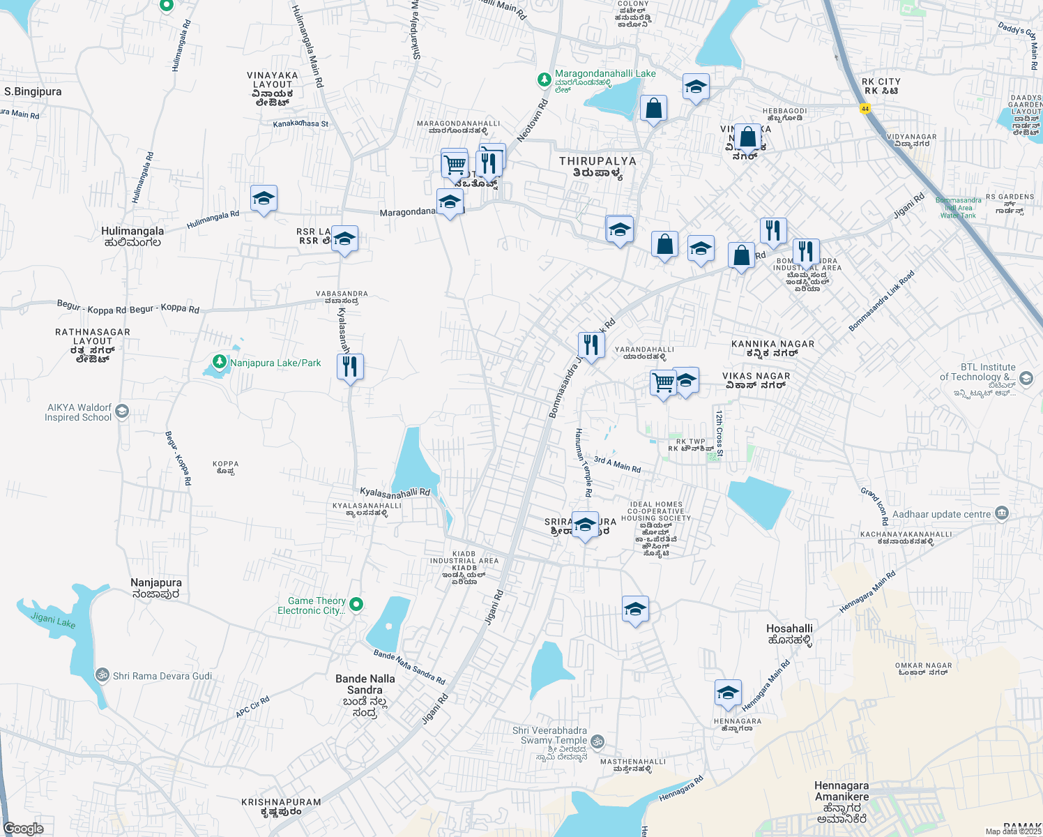 map of restaurants, bars, coffee shops, grocery stores, and more near Bommasandra Jigani Link Road in Bangalore