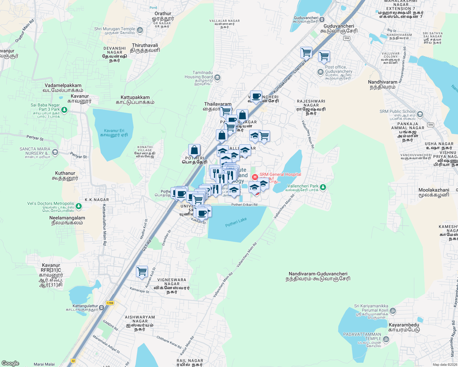 map of restaurants, bars, coffee shops, grocery stores, and more near SRM University Dr. Radhakrishnan Road in Kattankulathur