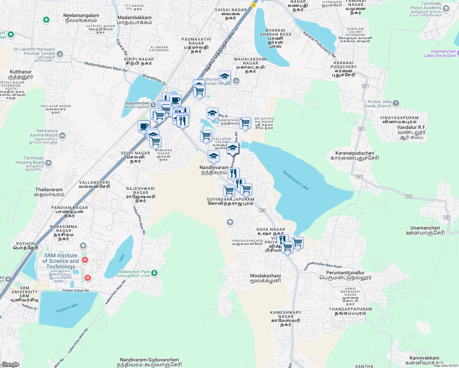 map of restaurants, bars, coffee shops, grocery stores, and more near Nellikuppam Road in Guduvanchery