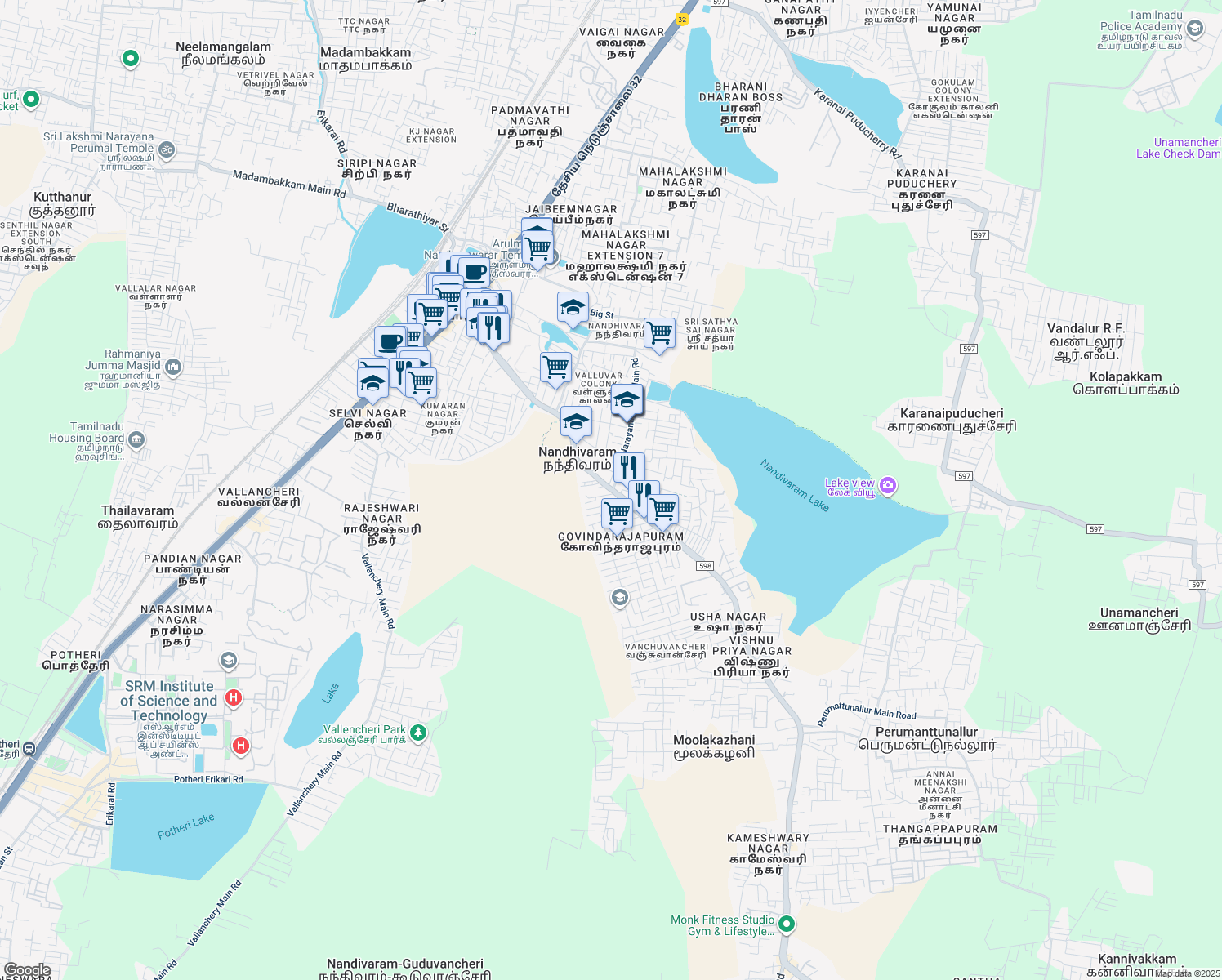map of restaurants, bars, coffee shops, grocery stores, and more near Nellikuppam Road in Guduvanchery