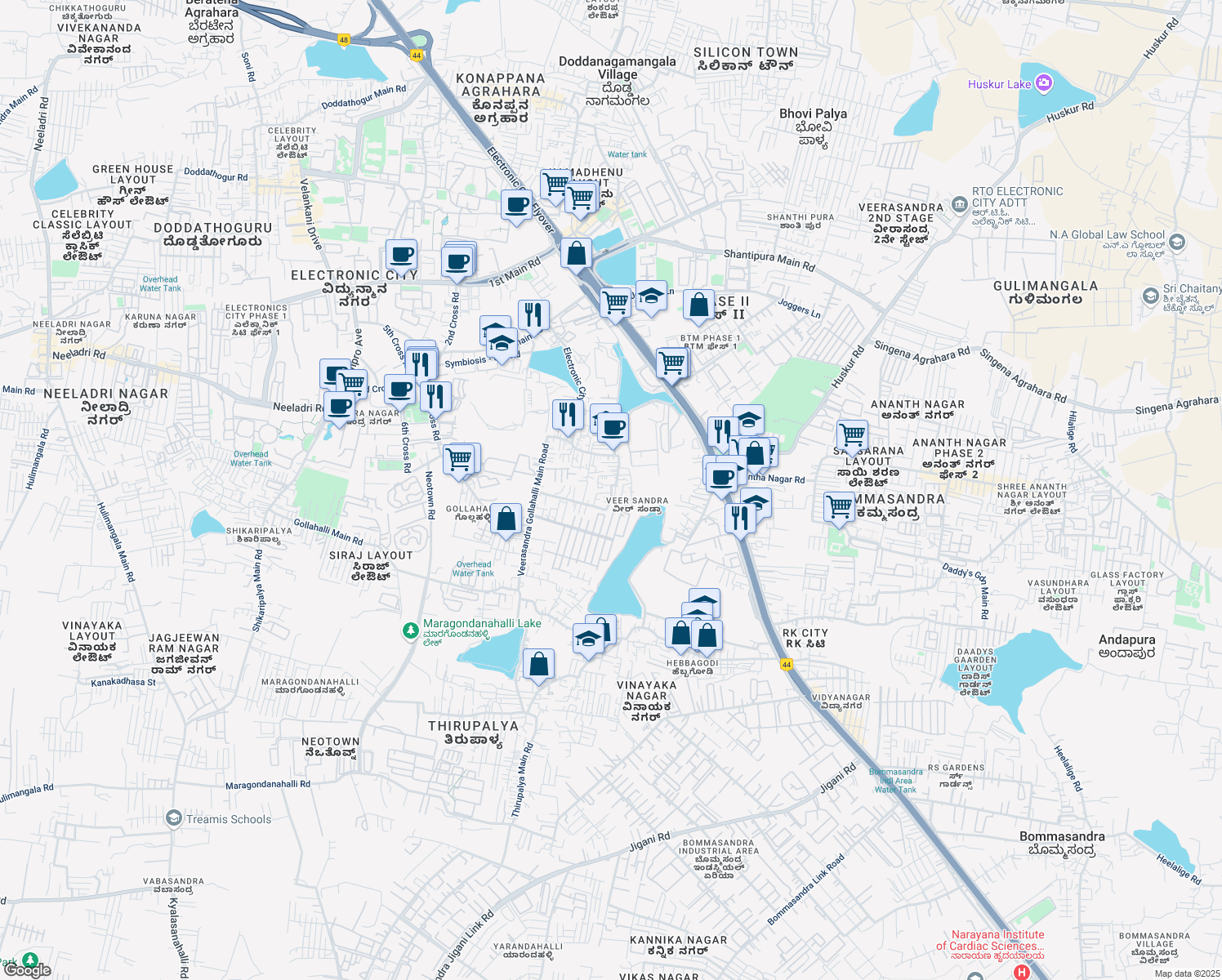 map of restaurants, bars, coffee shops, grocery stores, and more near 46 3rd Cross Road in Bengaluru