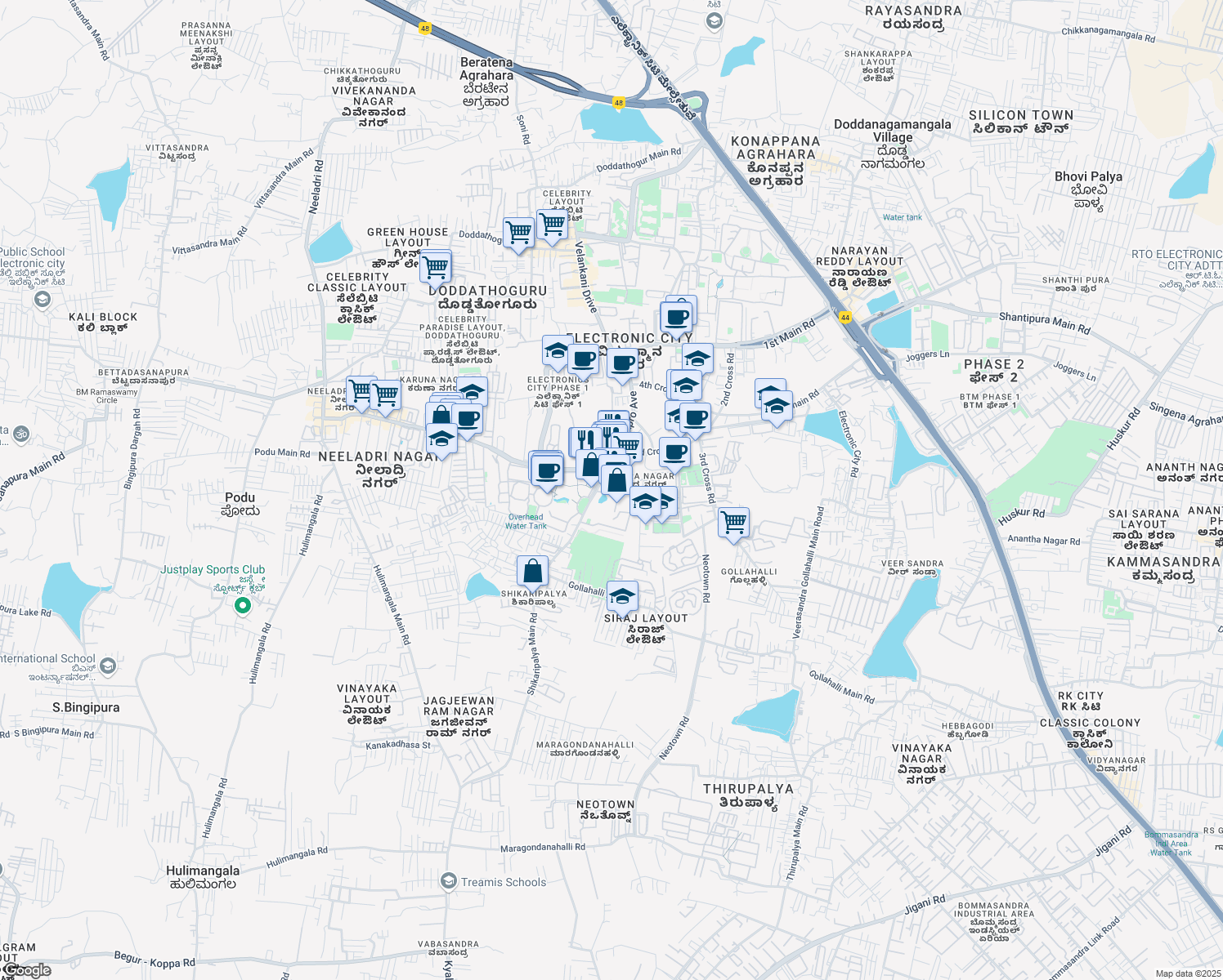 map of restaurants, bars, coffee shops, grocery stores, and more near in Bengaluru