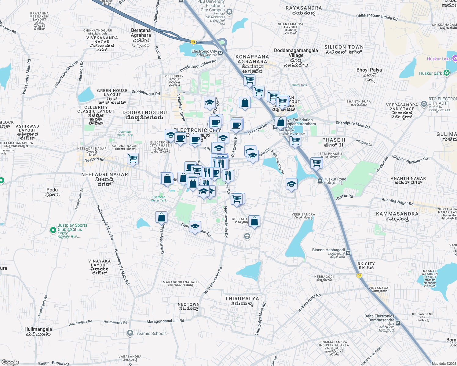 map of restaurants, bars, coffee shops, grocery stores, and more near in Bengaluru