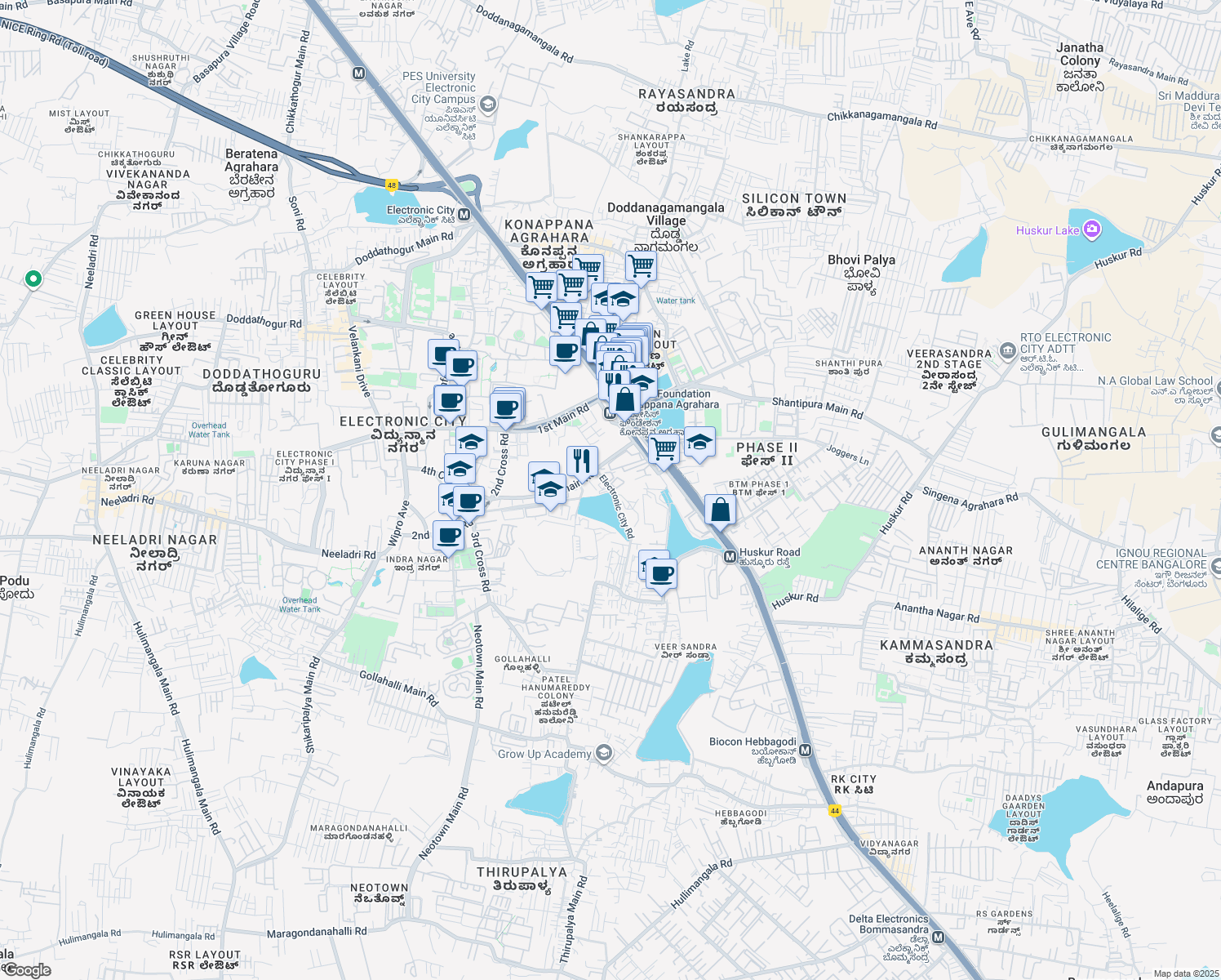 map of restaurants, bars, coffee shops, grocery stores, and more near Electronic City Road in Bengaluru