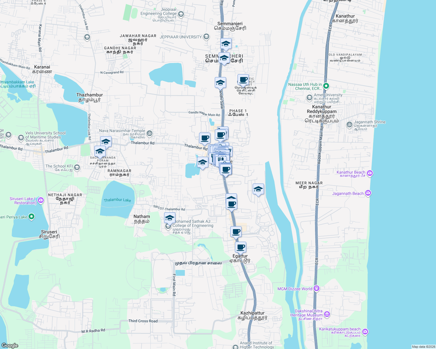 map of restaurants, bars, coffee shops, grocery stores, and more near Rajiv Gandhi Salai in Navalur