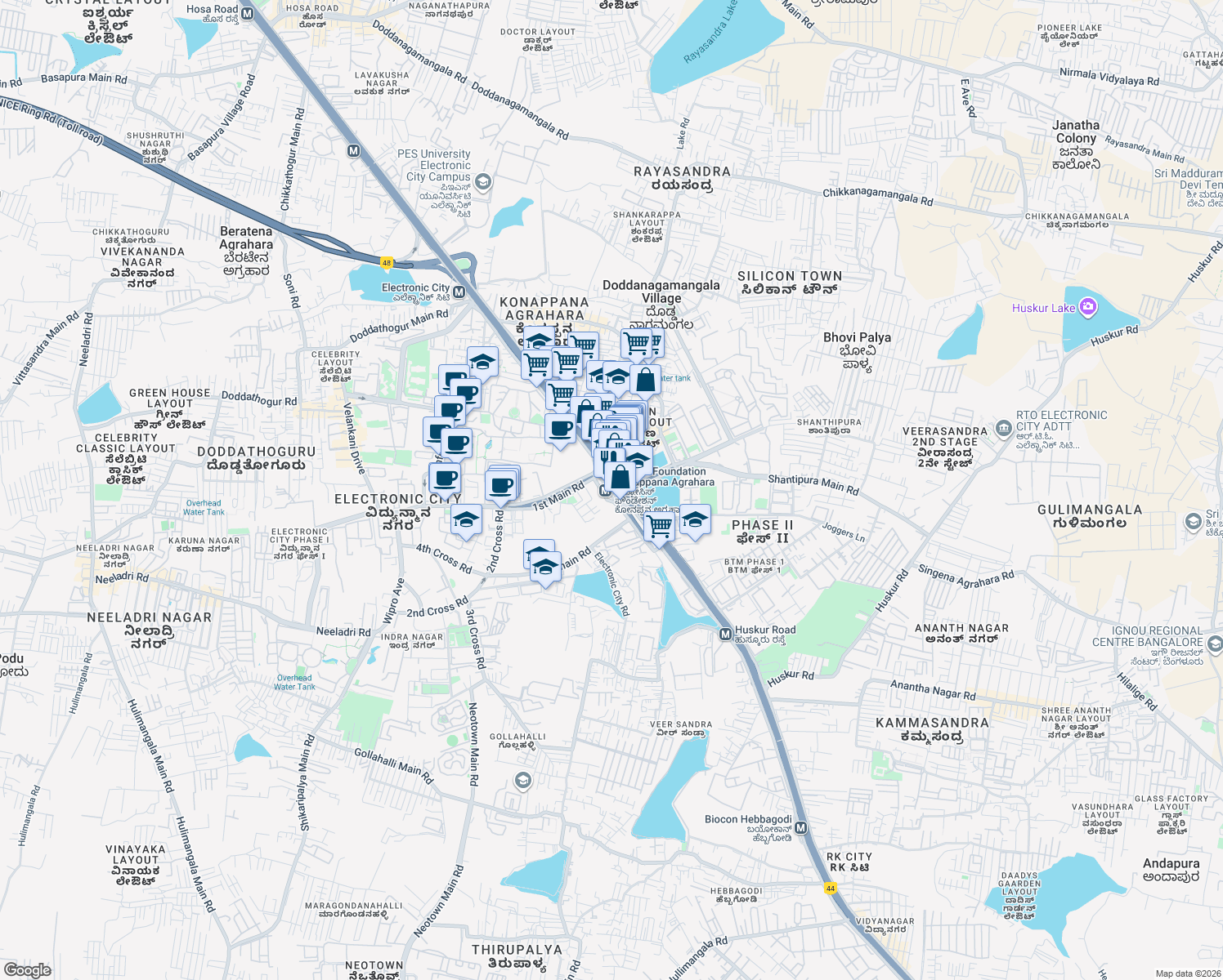 map of restaurants, bars, coffee shops, grocery stores, and more near Electronic City Road in Bengaluru