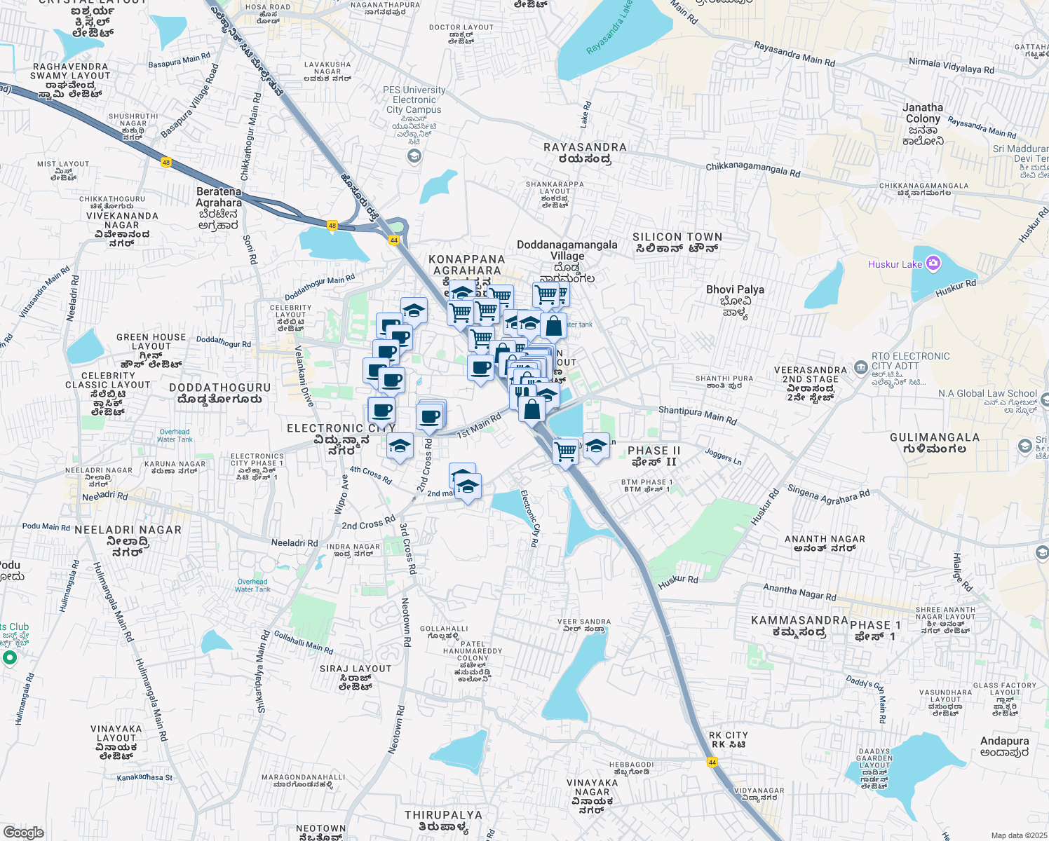 map of restaurants, bars, coffee shops, grocery stores, and more near Electronic City Road in Bangalore
