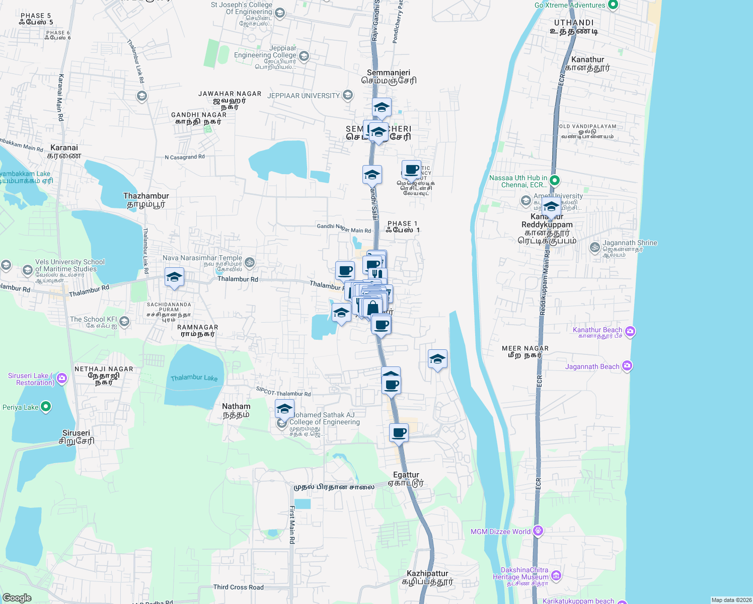 map of restaurants, bars, coffee shops, grocery stores, and more near Rajiv Gandhi Salai in Navalur