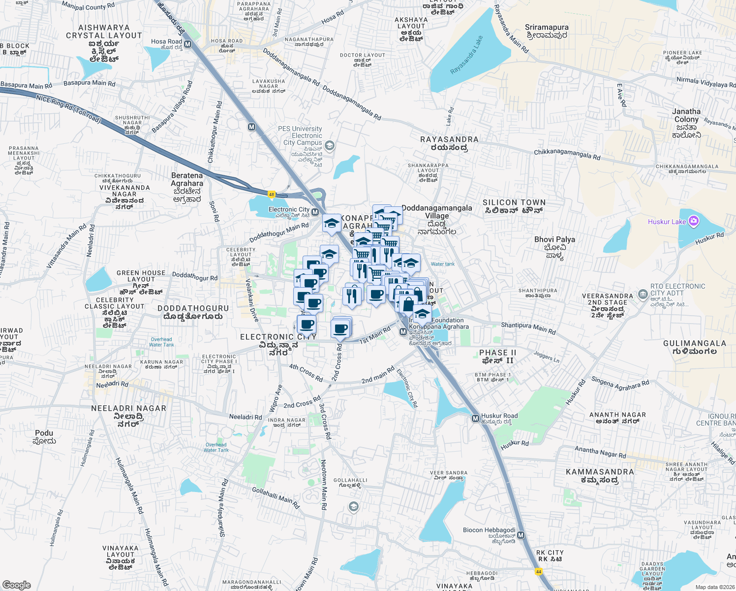 map of restaurants, bars, coffee shops, grocery stores, and more near 26 Hosur Road in Bengaluru