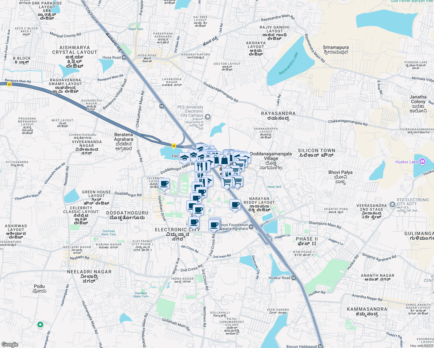 map of restaurants, bars, coffee shops, grocery stores, and more near Hosur Road in Bangalore Division