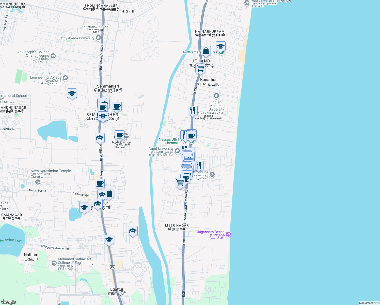 map of restaurants, bars, coffee shops, grocery stores, and more near in Kanathur
