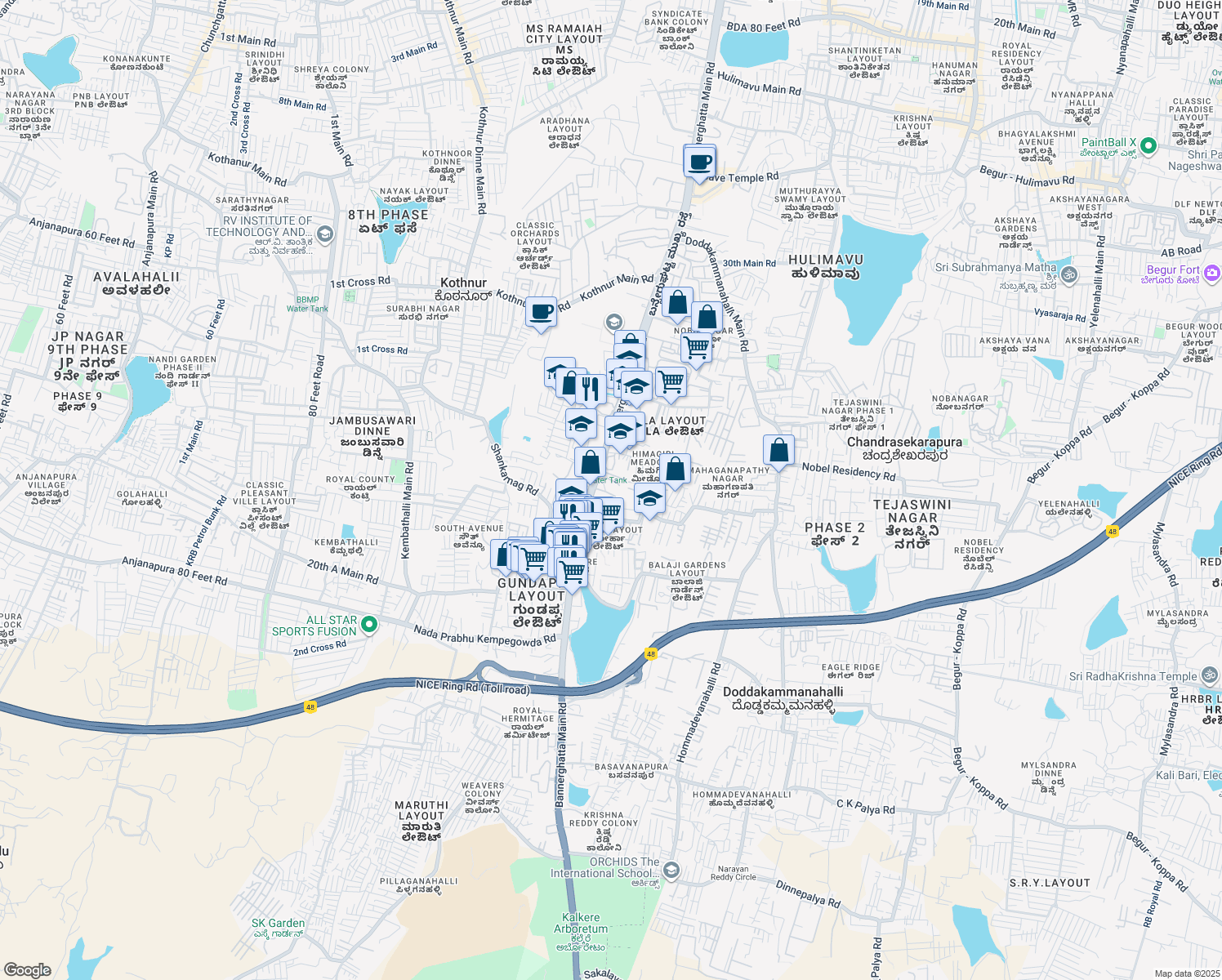map of restaurants, bars, coffee shops, grocery stores, and more near 24 Bannerghatta Main Road in Bengaluru