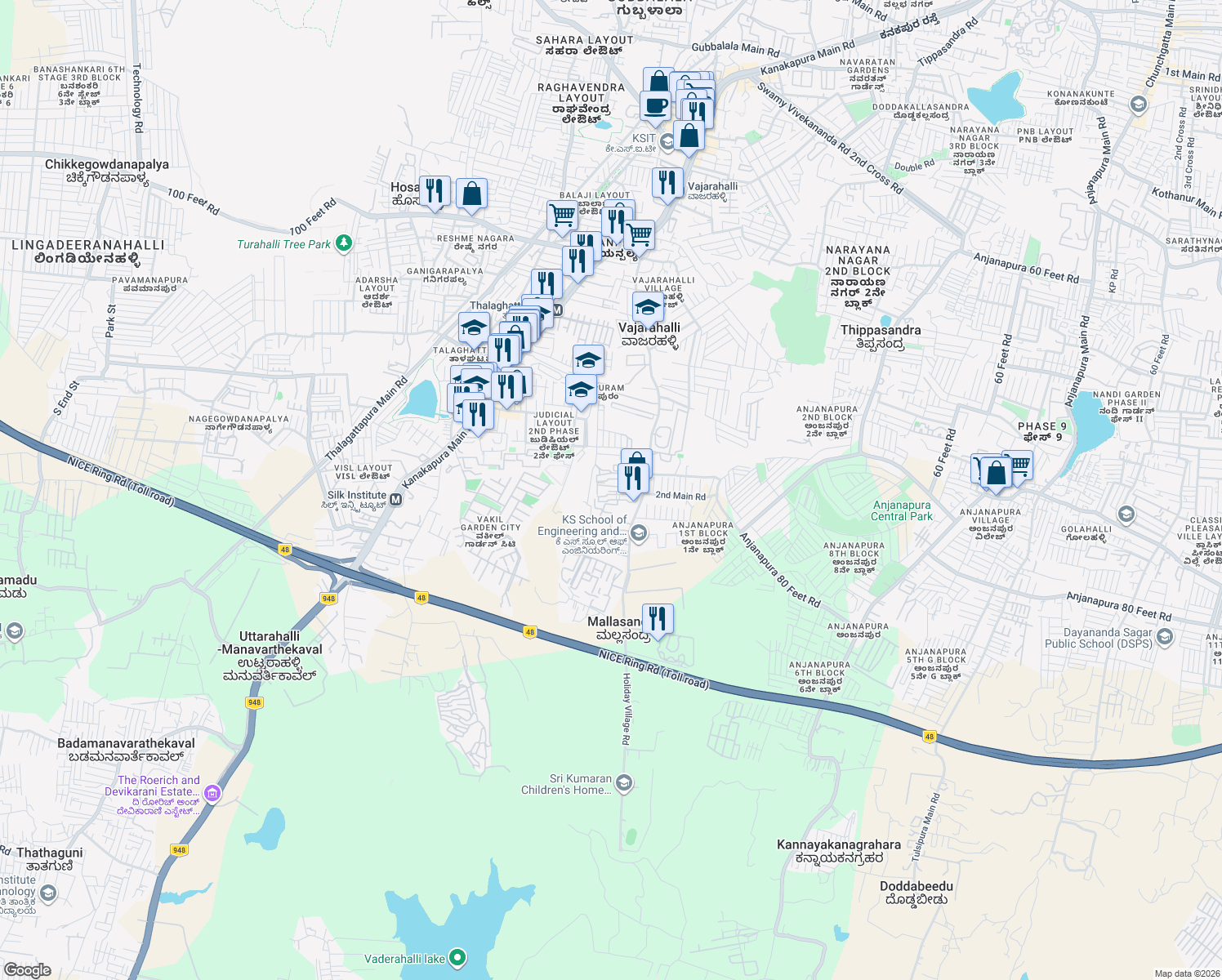 map of restaurants, bars, coffee shops, grocery stores, and more near Kanakapura Road in Bengaluru