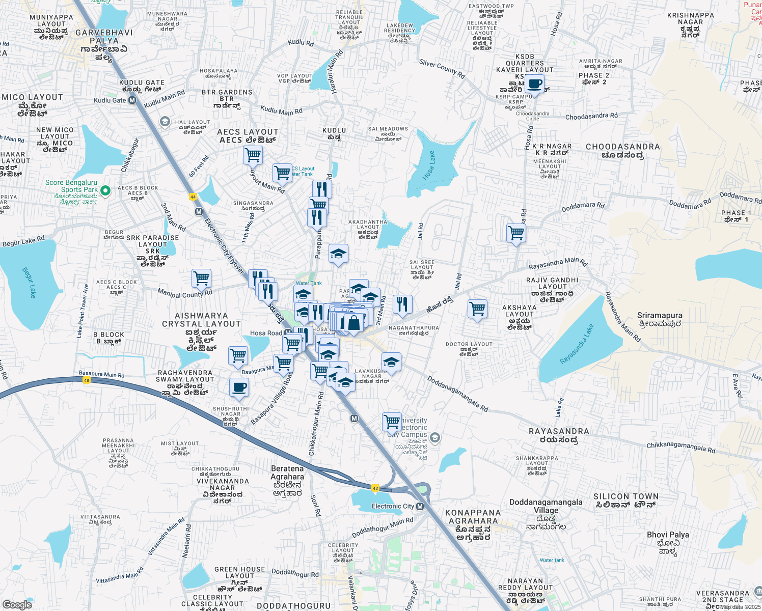 map of restaurants, bars, coffee shops, grocery stores, and more near Hosur Road in Bangalore Division