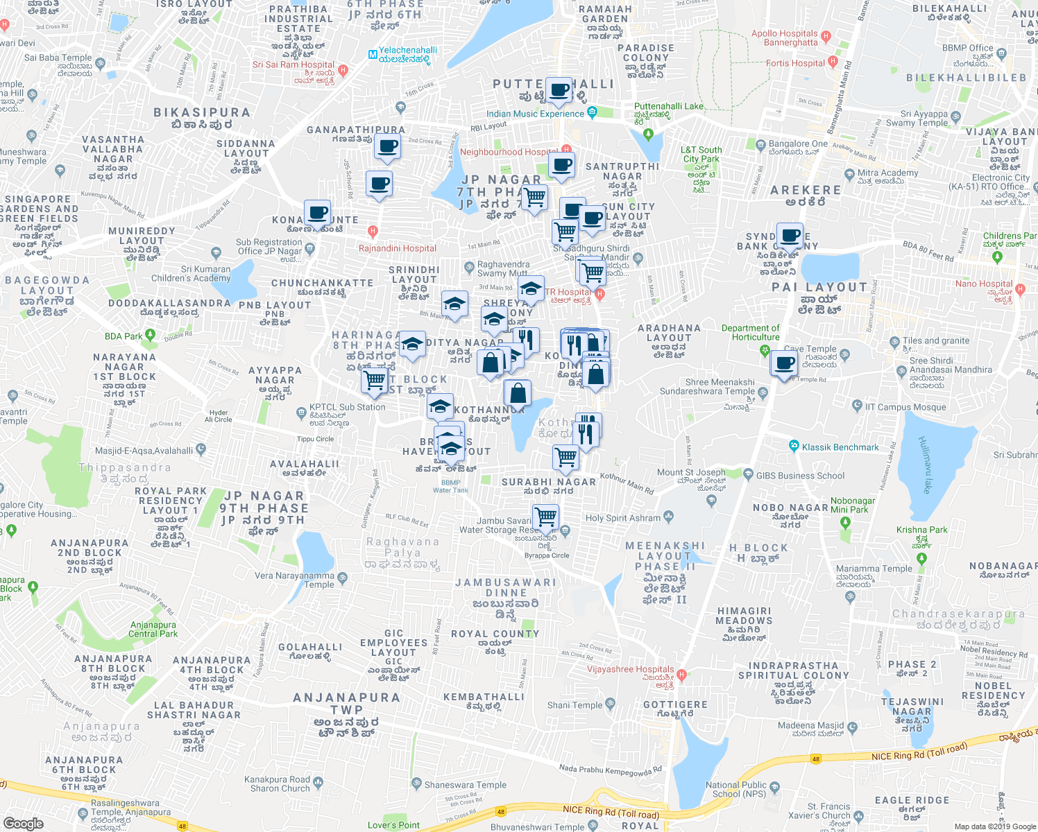 map of restaurants, bars, coffee shops, grocery stores, and more near in Bengaluru