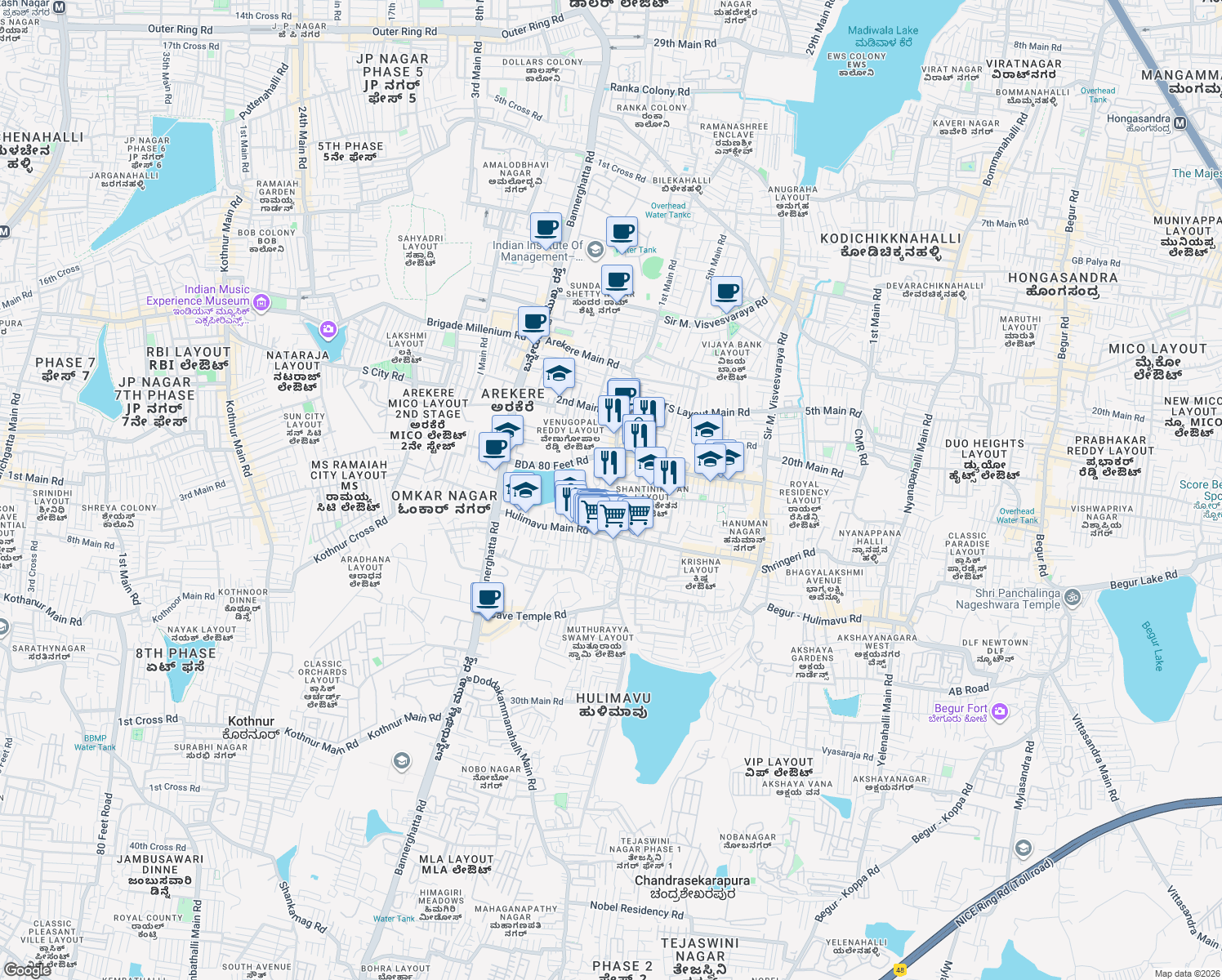 map of restaurants, bars, coffee shops, grocery stores, and more near in Bengaluru