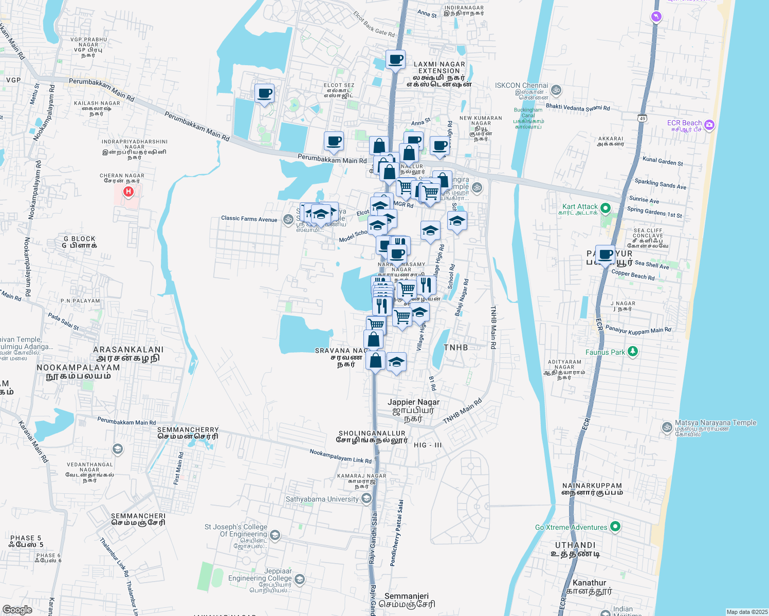 map of restaurants, bars, coffee shops, grocery stores, and more near 67 Old Mahabalipuram Road in Chennai