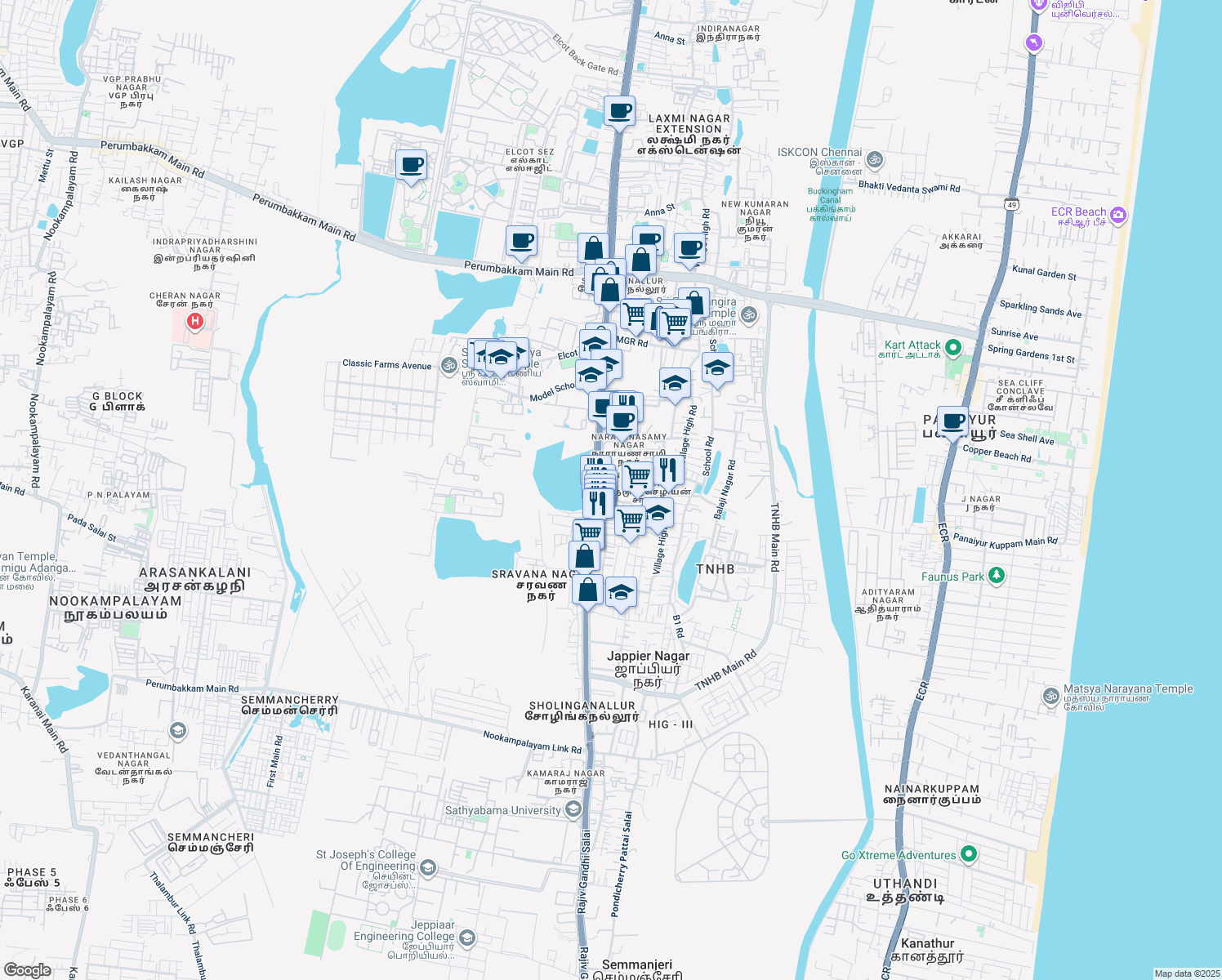 map of restaurants, bars, coffee shops, grocery stores, and more near 67 Old Mahabalipuram Road in Chennai