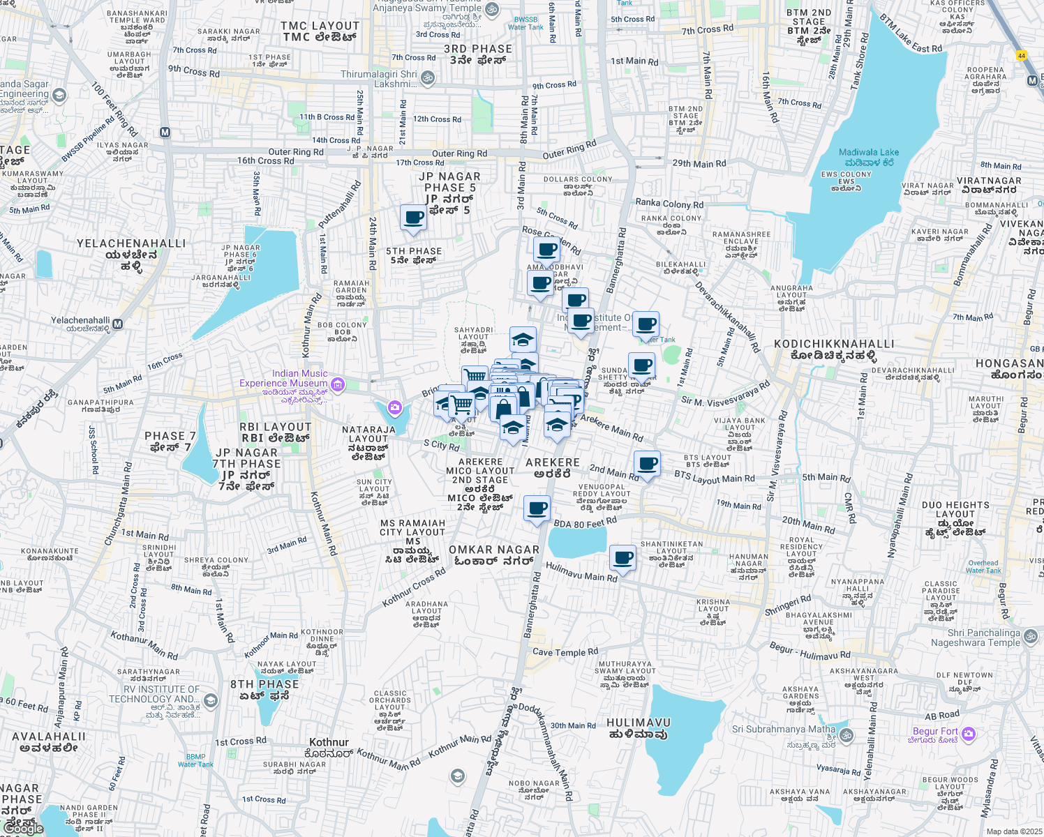 map of restaurants, bars, coffee shops, grocery stores, and more near 130 3rd Cross, 1st Stage in Bengaluru