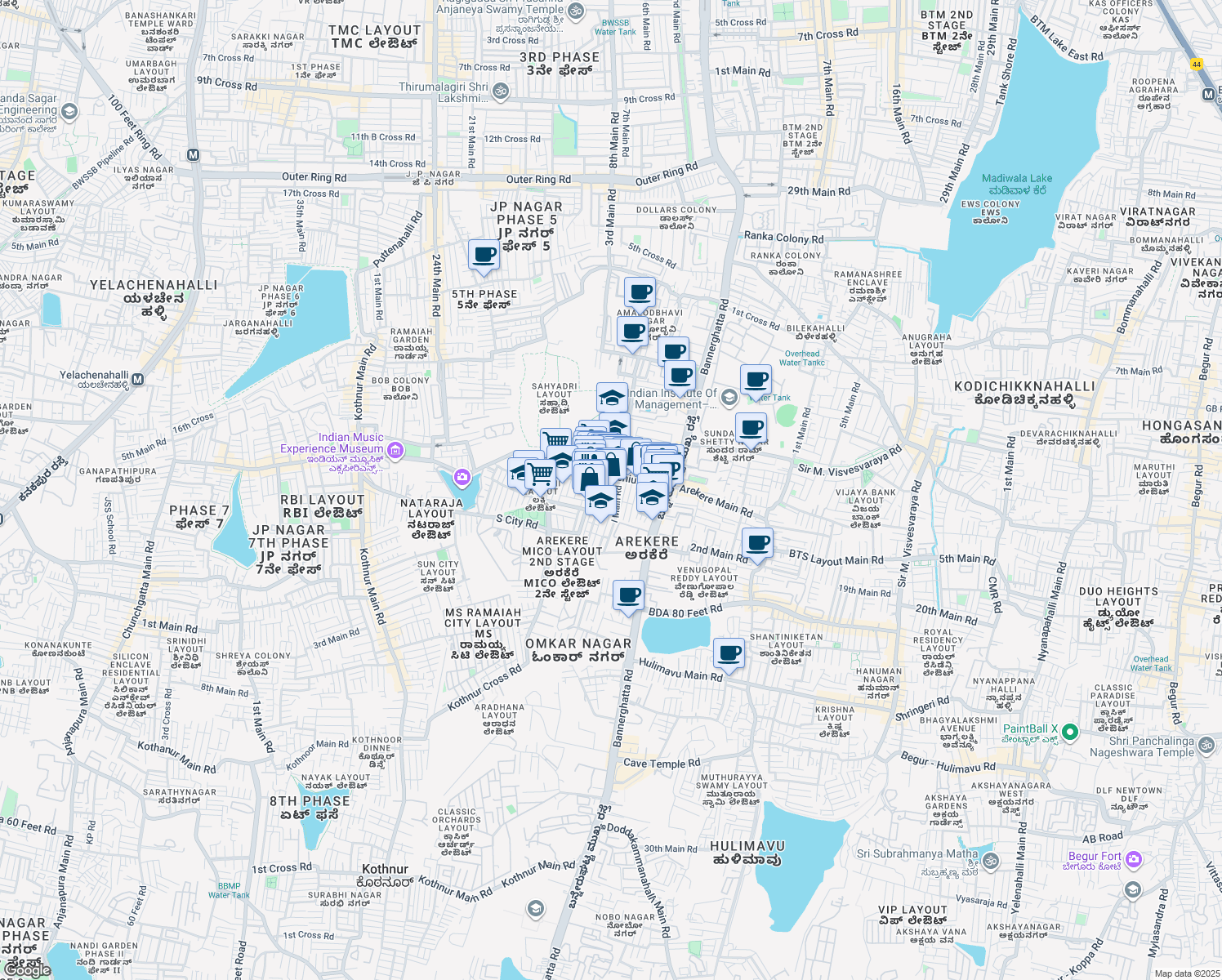 map of restaurants, bars, coffee shops, grocery stores, and more near 130 3rd Cross, 1st Stage in Bengaluru