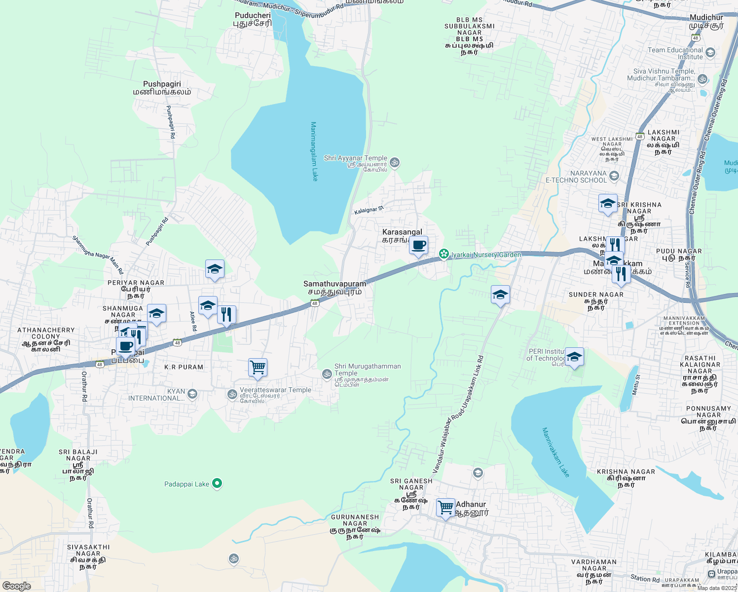map of restaurants, bars, coffee shops, grocery stores, and more near Vandalur - Oragadam - Walajabad Road in Padappai