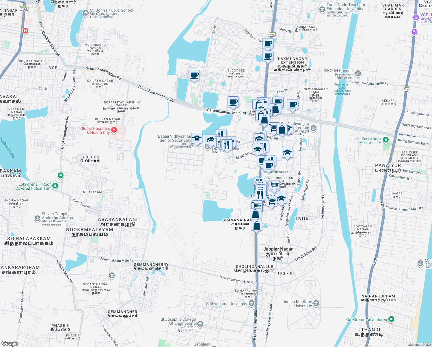 map of restaurants, bars, coffee shops, grocery stores, and more near Model School Road in Chennai