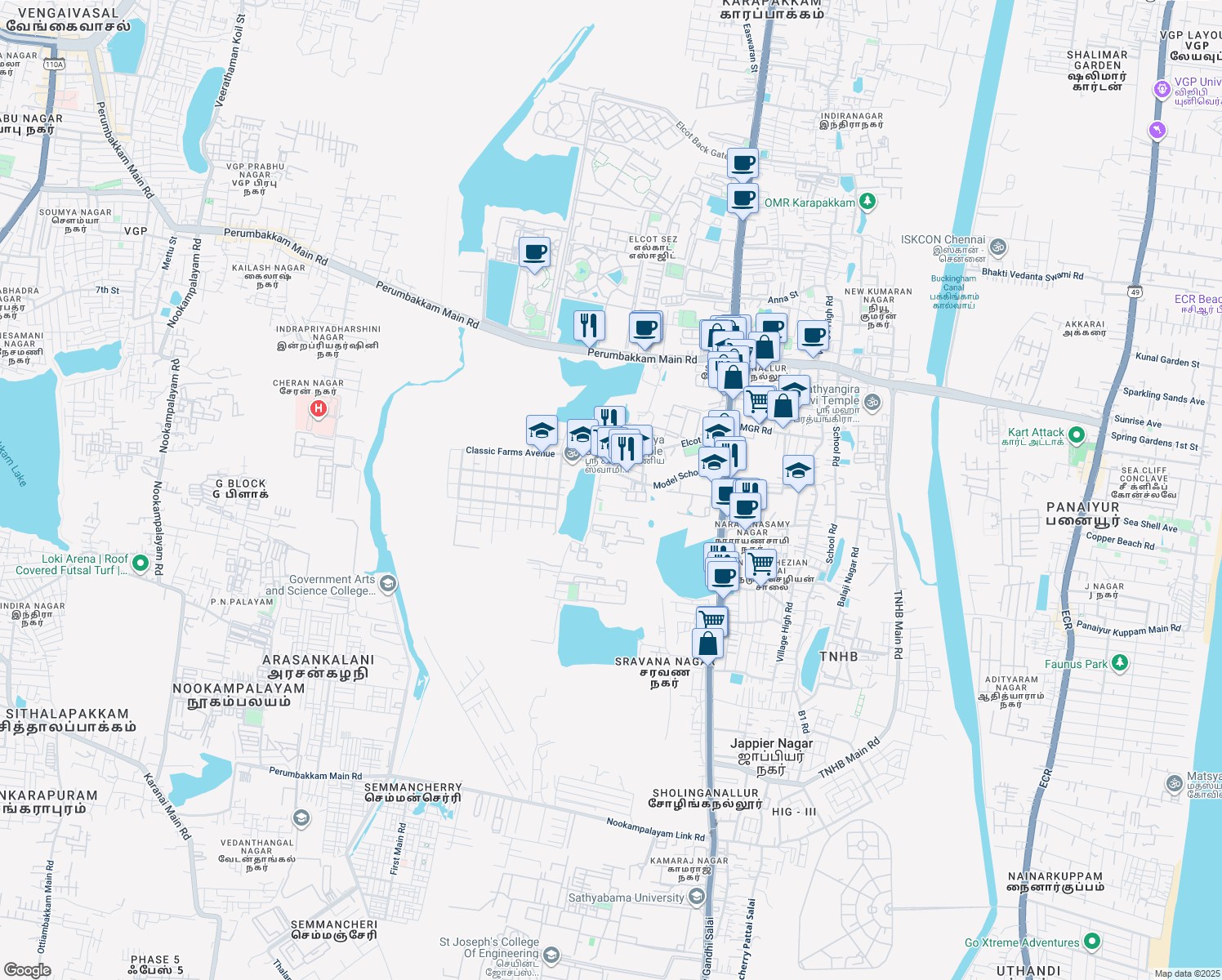 map of restaurants, bars, coffee shops, grocery stores, and more near Model School Road in Chennai