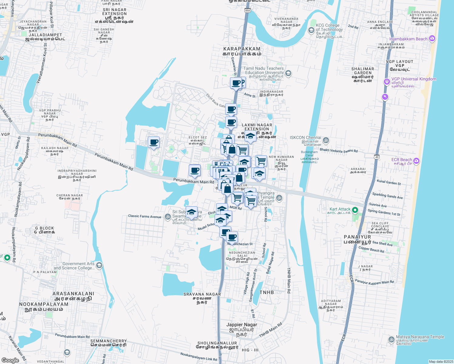 map of restaurants, bars, coffee shops, grocery stores, and more near in Chennai