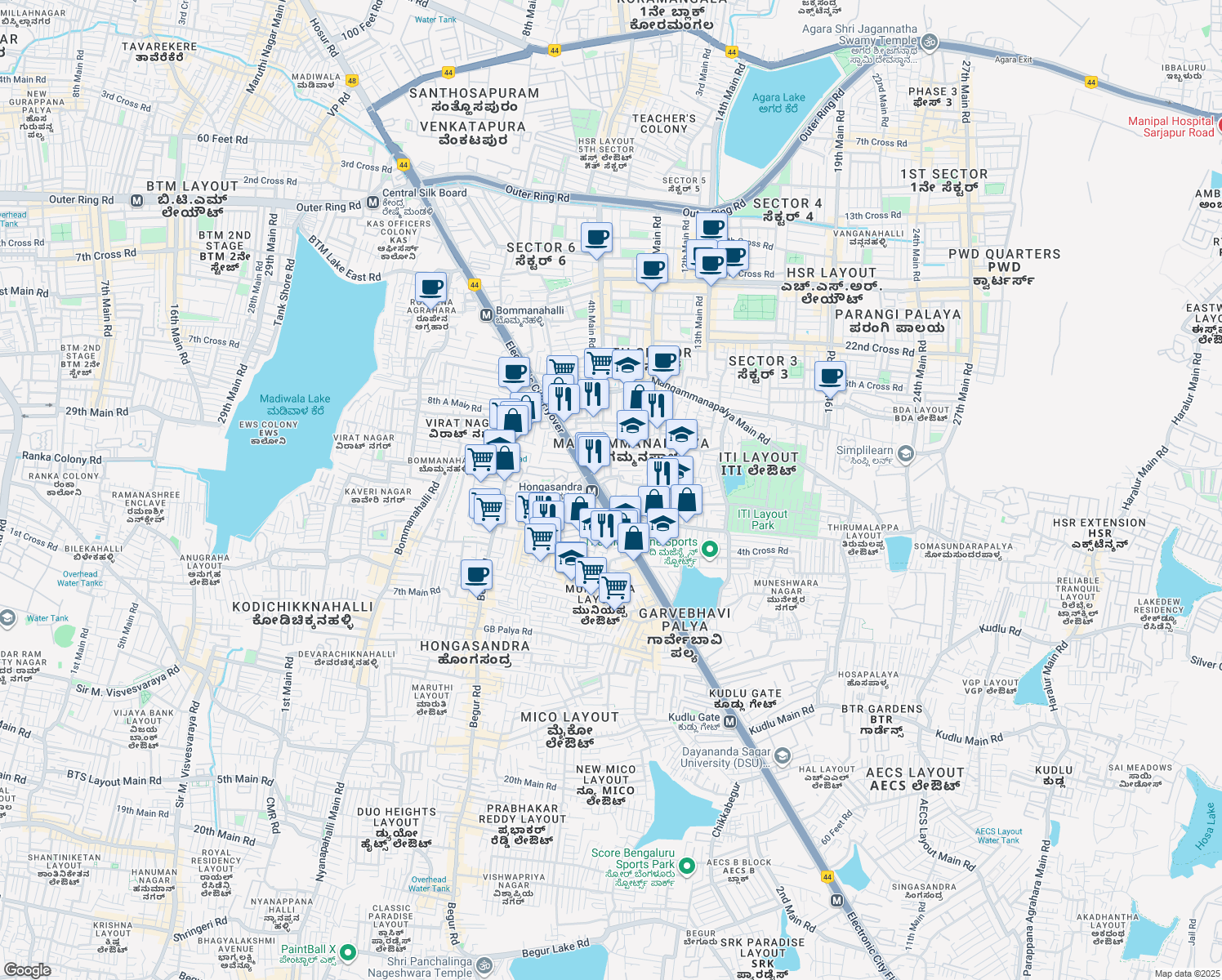 map of restaurants, bars, coffee shops, grocery stores, and more near Service Road in Bengaluru