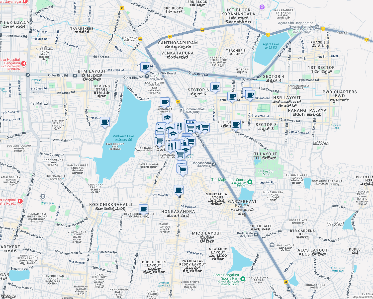map of restaurants, bars, coffee shops, grocery stores, and more near in Bengaluru