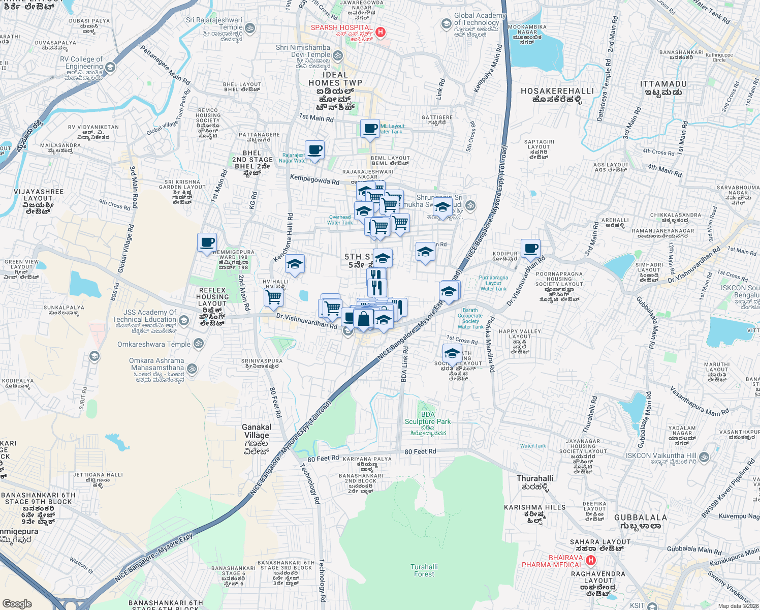 map of restaurants, bars, coffee shops, grocery stores, and more near Jawaharlal Nehru Road in Bengaluru