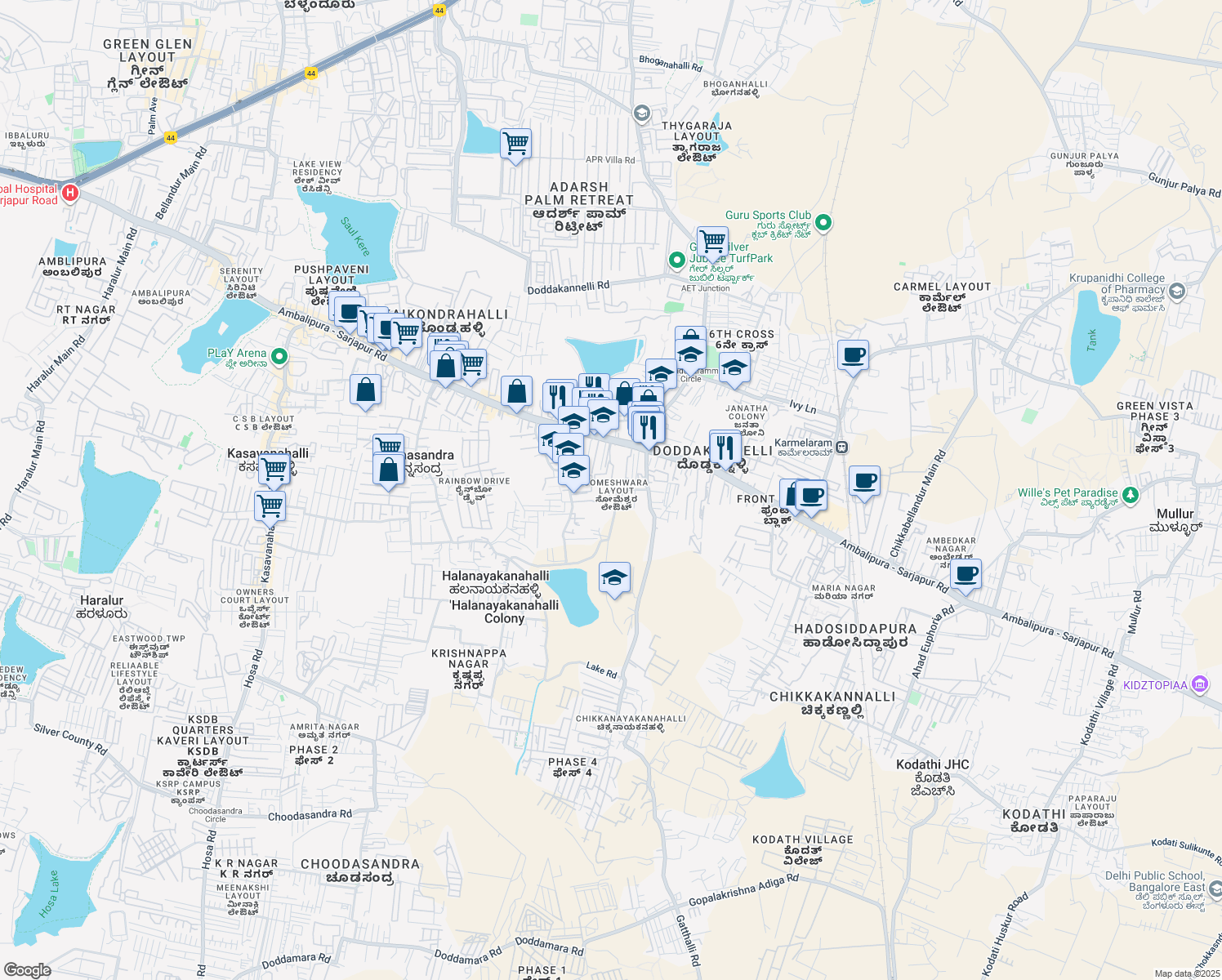 map of restaurants, bars, coffee shops, grocery stores, and more near in Bengaluru